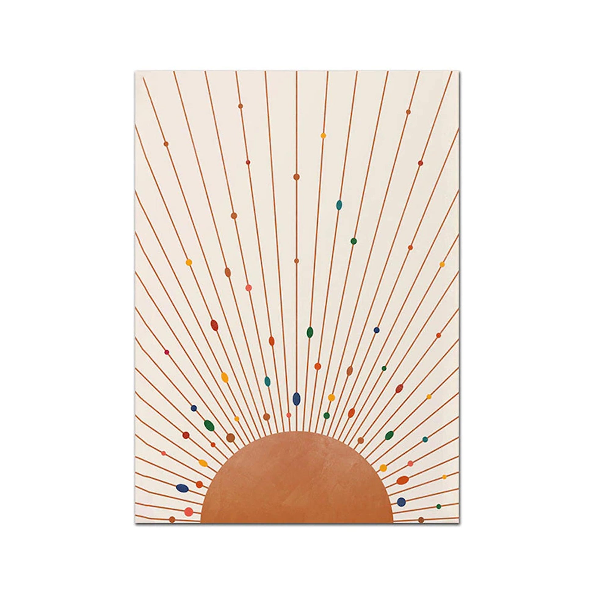 Elegante Sonnenelement mit bunten Strahlen, ein fröhliches Wandbild von justgoodmood, das Ihr Zuhause zum Strahlen bringt.