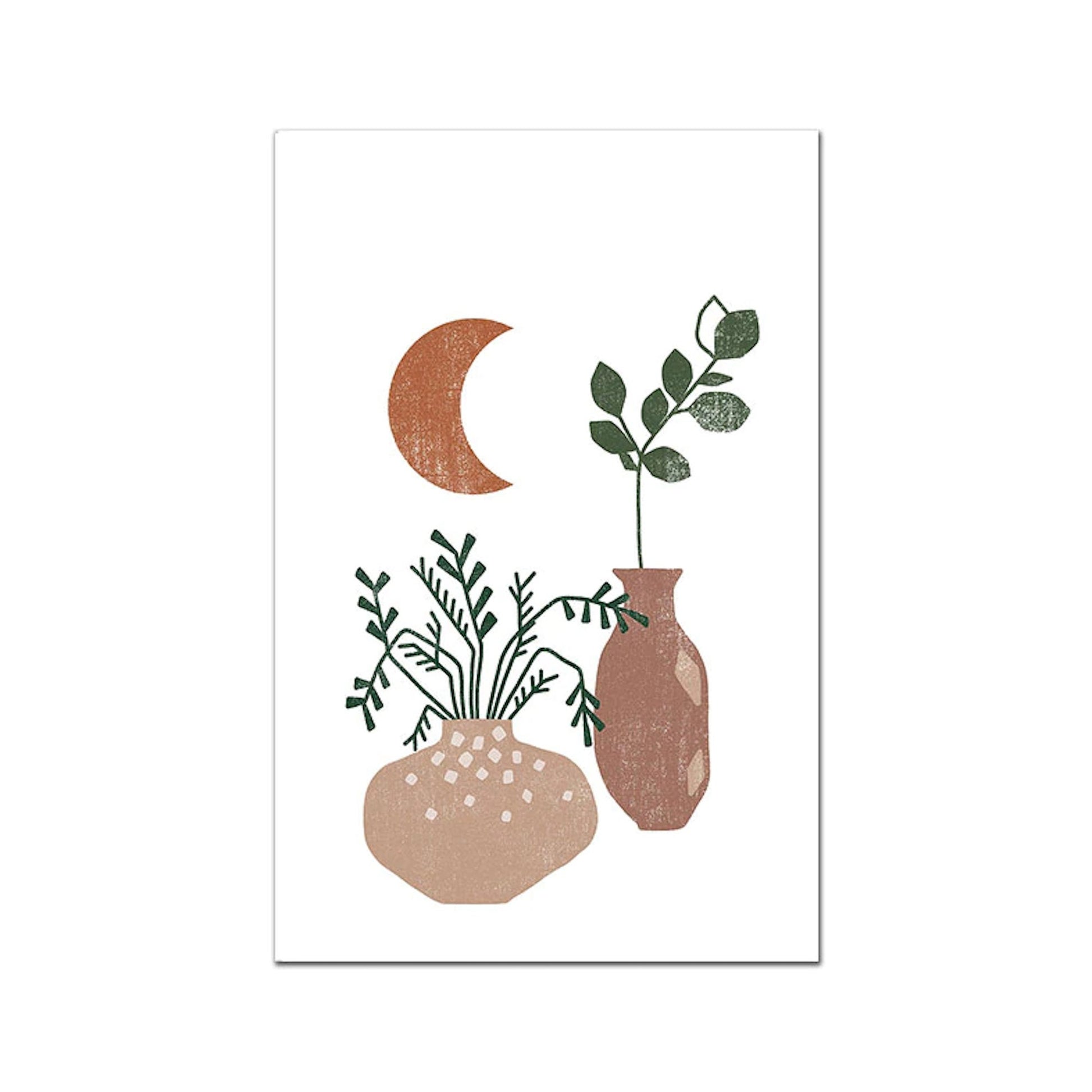 Boho Sonne Botanik Blätter Poster von justgoodmood – Charmantes Kunstwerk von Vasen mit Pflanzen und einem Mond, perfekt für eine trendige Wohnatmosphäre.
