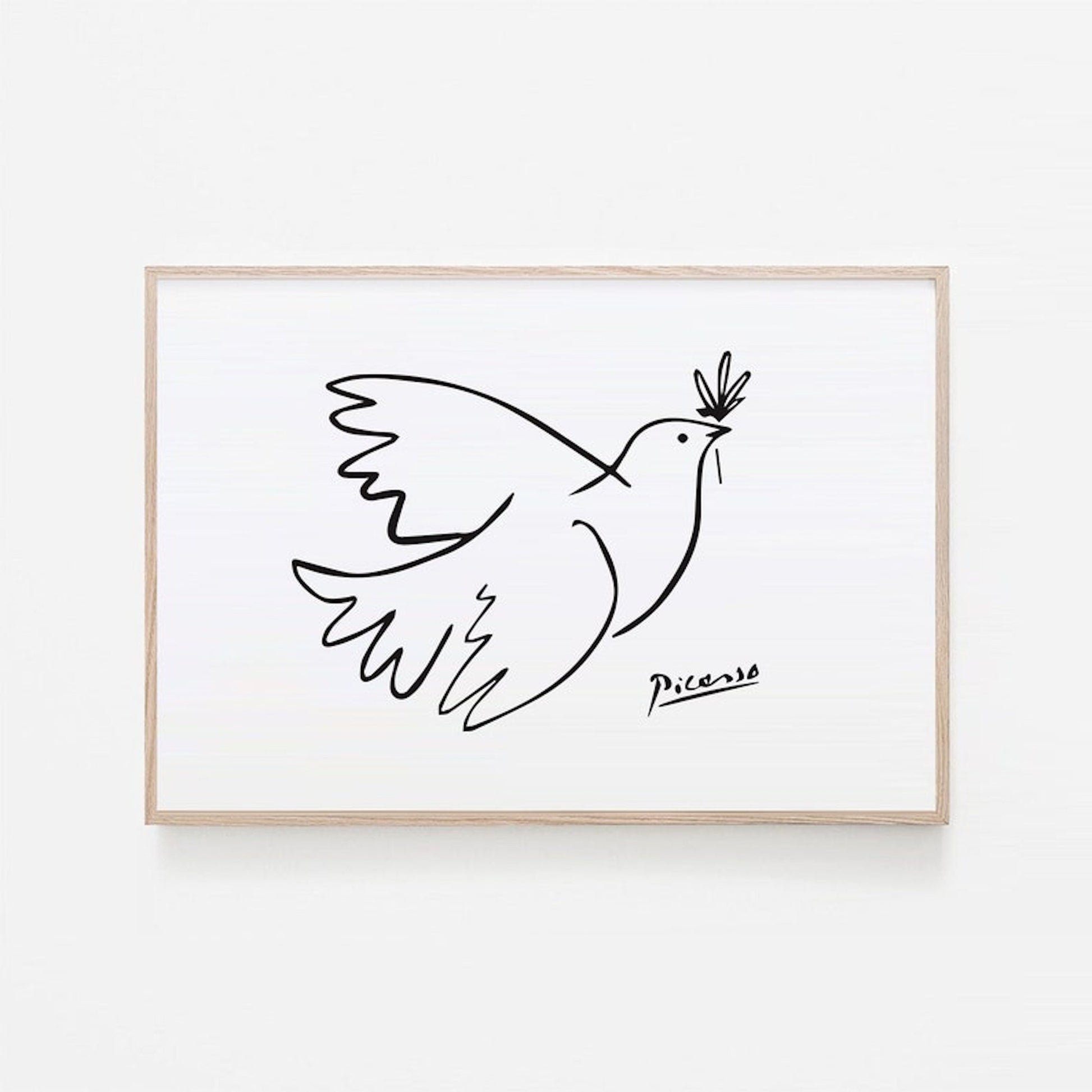 Kreatives Schwarz-Weiß Poster eines Taubenmotivs von justgoodmood, inspiriert von Picasso, das eine friedliche und inspirierende Atmosphäre in Ihrem Zuhause schafft.