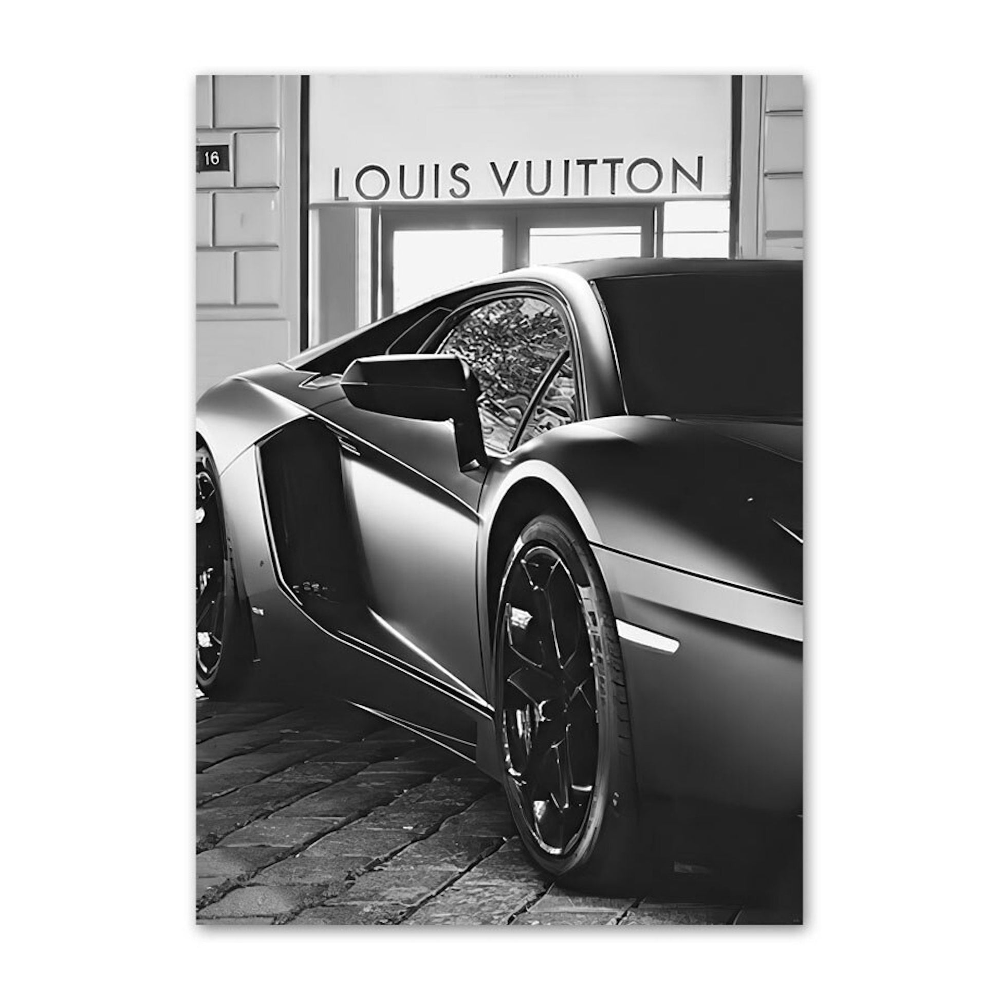 Künstlerisches Poster von justgoodmood, benannt "Luxus Fahrzeuge und Geschäfte" - Ein eindrucksvolles Bild eines Lamborghini vor der Louis Vuitton Boutique, das Luxus und Stil vereint.