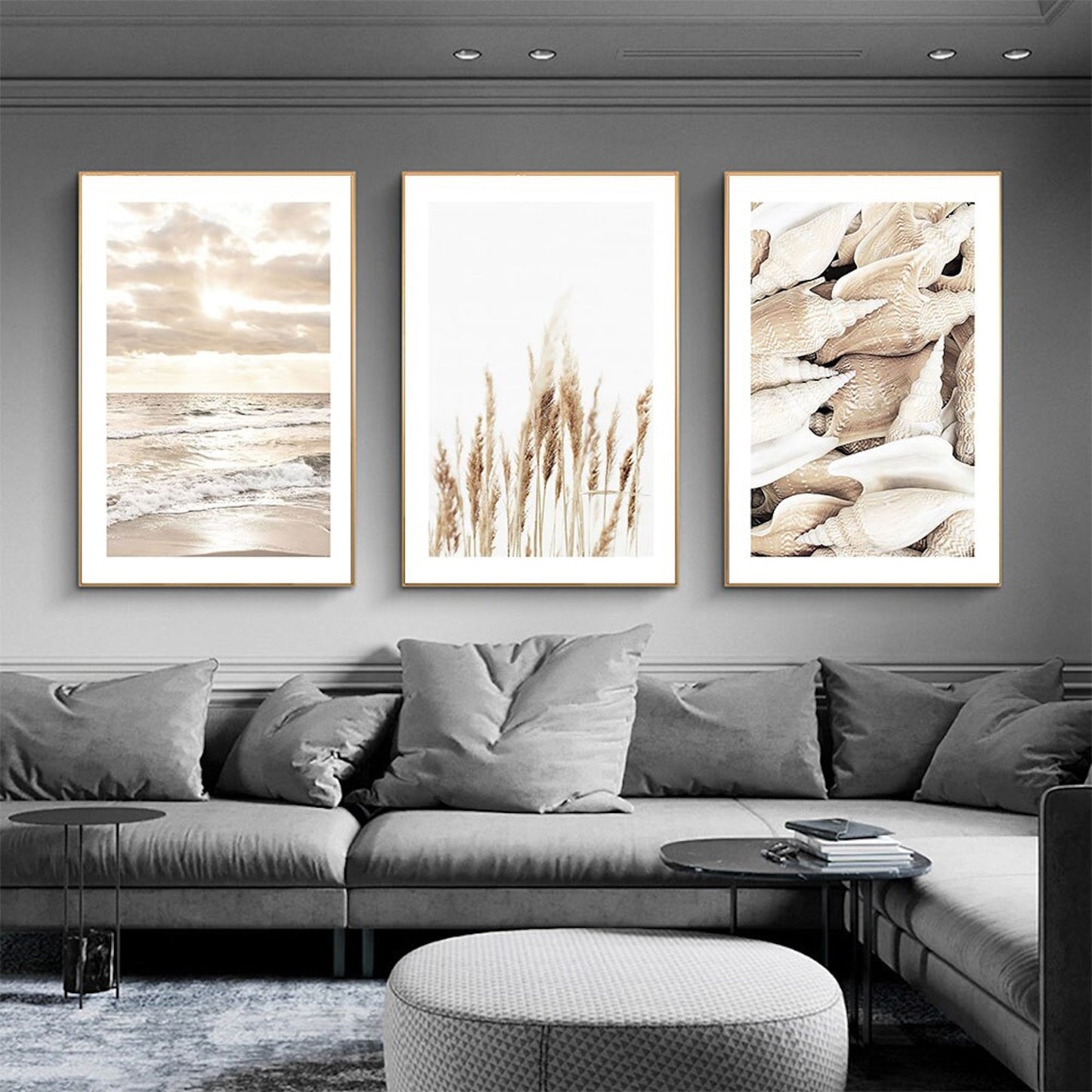 Poster sunrise on the beach shells and pampas grass as a decorative print without a frame