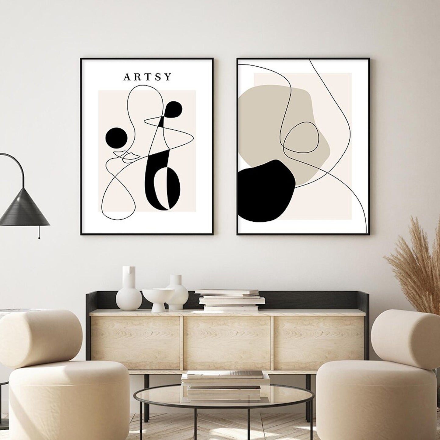 Poster boho model with hat and abstract shapes as a decorative print without a frame