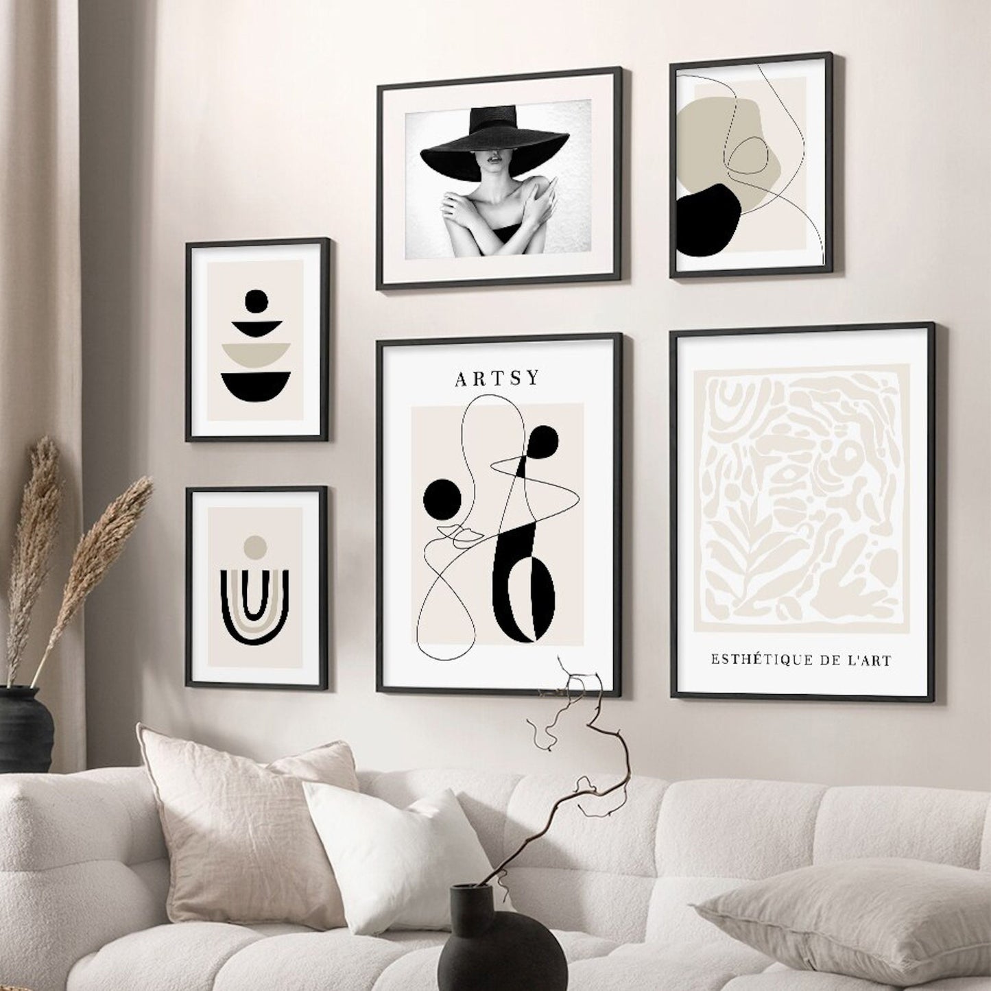 Poster boho model with hat and abstract shapes as a decorative print without a frame