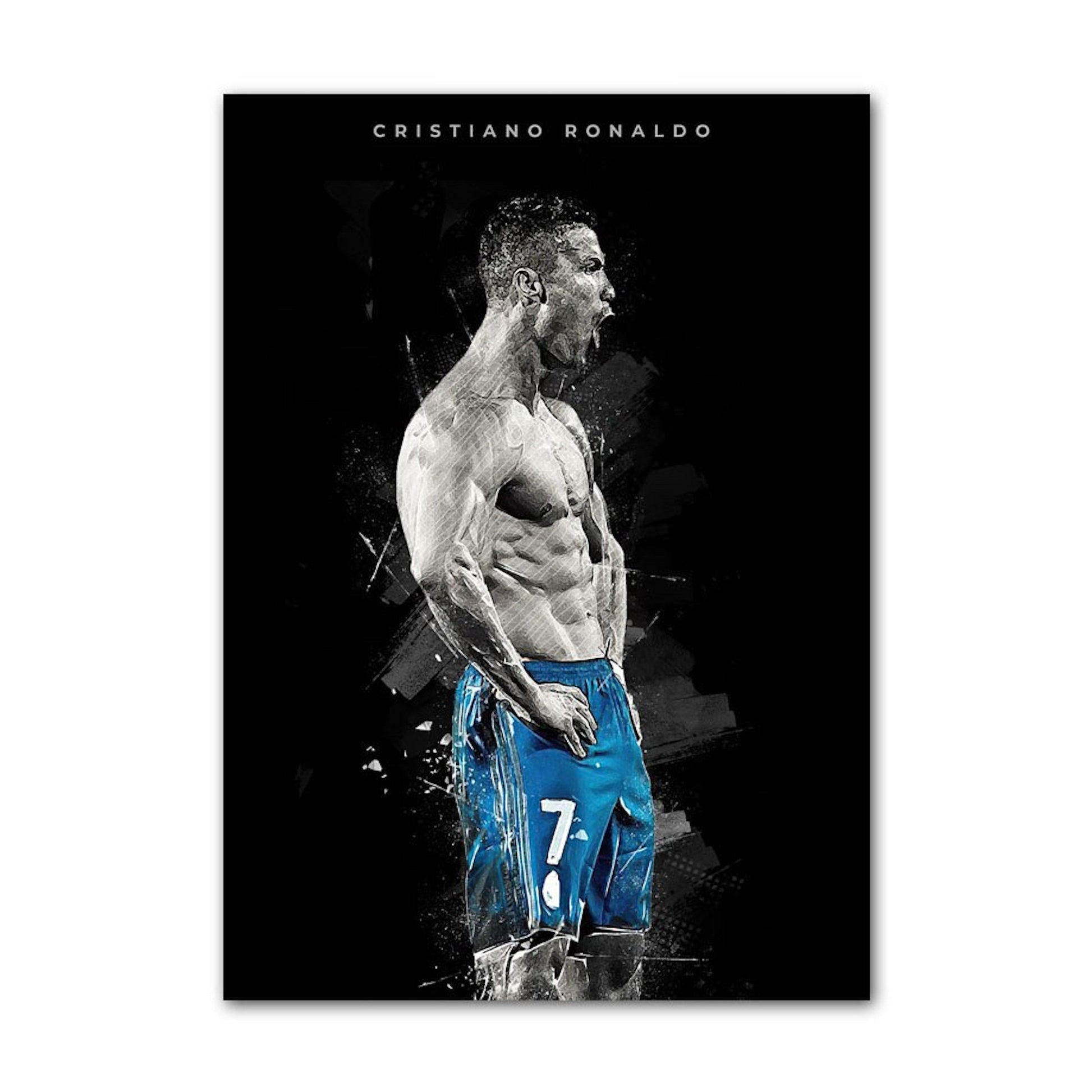 Poster Fußball Cristiano Ronaldo Jubel mit Pokal als Deko Print ohne Rahmen von justgoodmood präsentiert einen muskulösen Cristiano Ronaldo in voller Feierlaune, ein Muss für jeden Fußballliebhaber.