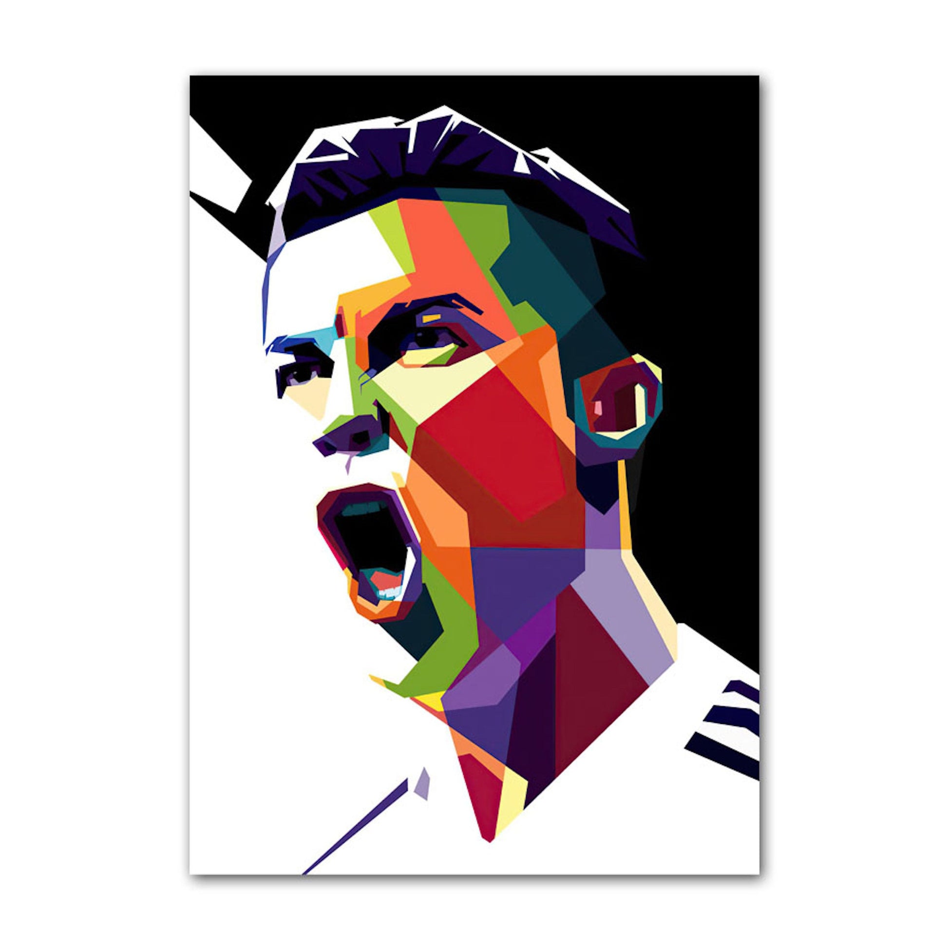 Faszinierendes Poster im Pop-Art-Stil von Cristiano Ronaldo, der laut jubelt. Ein spezieller Deko Print ohne Rahmen von justgoodmood für Fußballbegeisterte.
