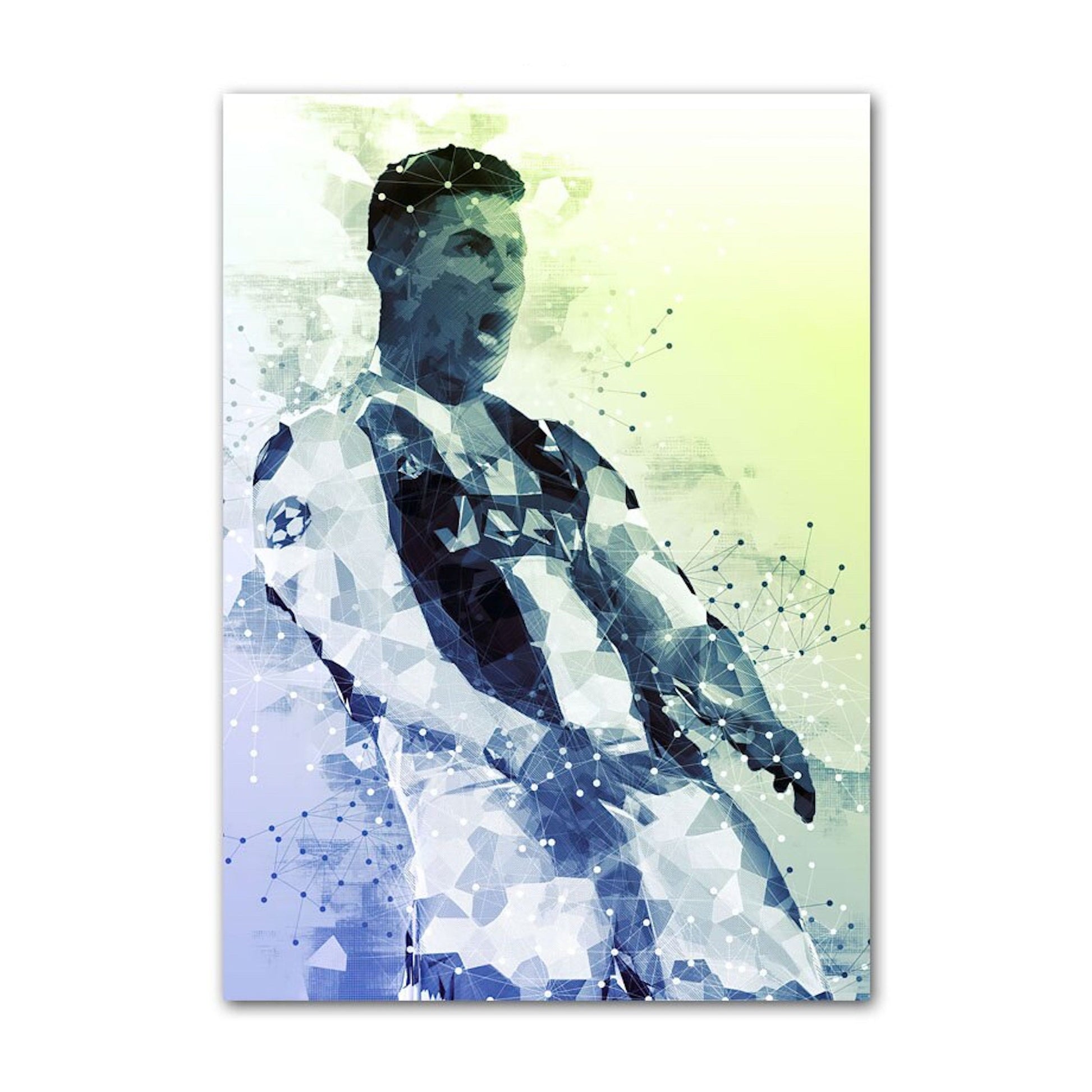 Modernes digitales Kunstwerk von Cristiano Ronaldo in einer geometrischen Darstellung. Ein einzigartiger Deko Print von justgoodmood, ideal für Ihr Zuhause.