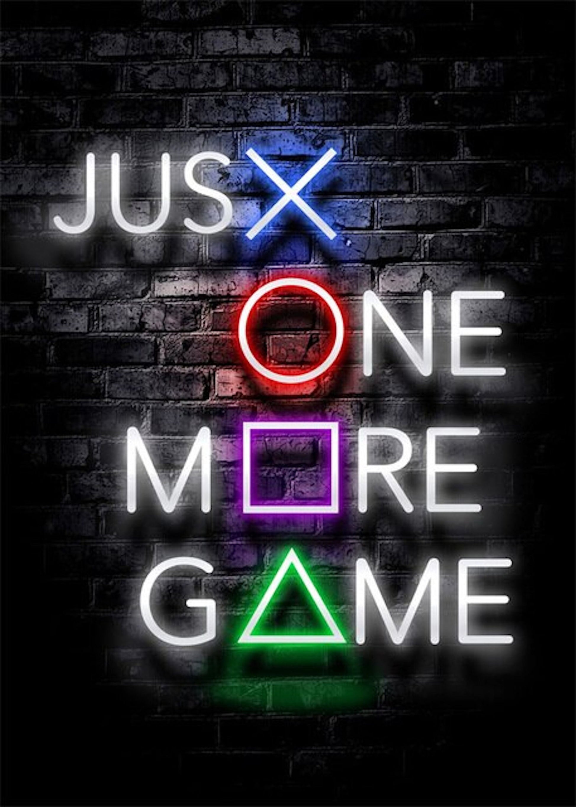 Glänzendes Neon-Poster mit den Worten 'JUST ONE MORE GAME' von justgoodmood, ideal für alle, die das Gamingerlebnis lieben.