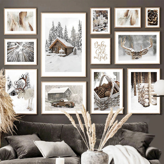 Poster winter wood cabin in snow reindeer pine cones | Pictures living room | Murals Bedroom | Deco print without frame | Pictures set