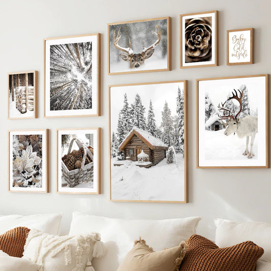 Poster Winter Frostblätter Rentier Frostblätter | Bilder Wohnzimmer | Wandbilder Schlafzimmer | Deko Print ohne Rahmen | Bilder Set