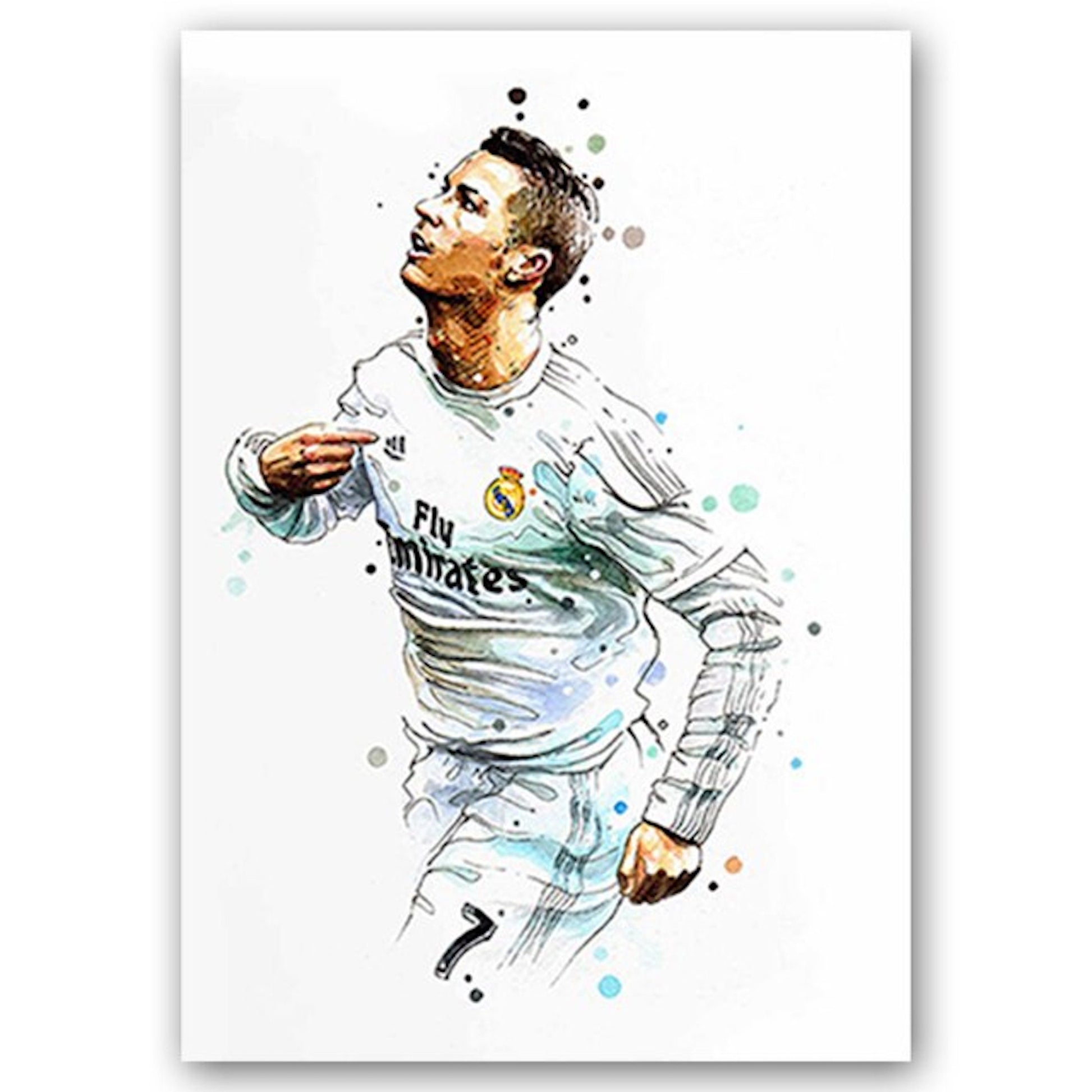 Faszinierender Deko Print von Cristiano Ronaldo in Real Madrid-Trikot, während er jubelt. Ein tolles Geschenk für Fußballenthusiasten. Poster Fußballspieler Tor Jubel Lionel Messi und Christiano Ronaldo als Deko Print ohne Rahmen von justgoodmood.