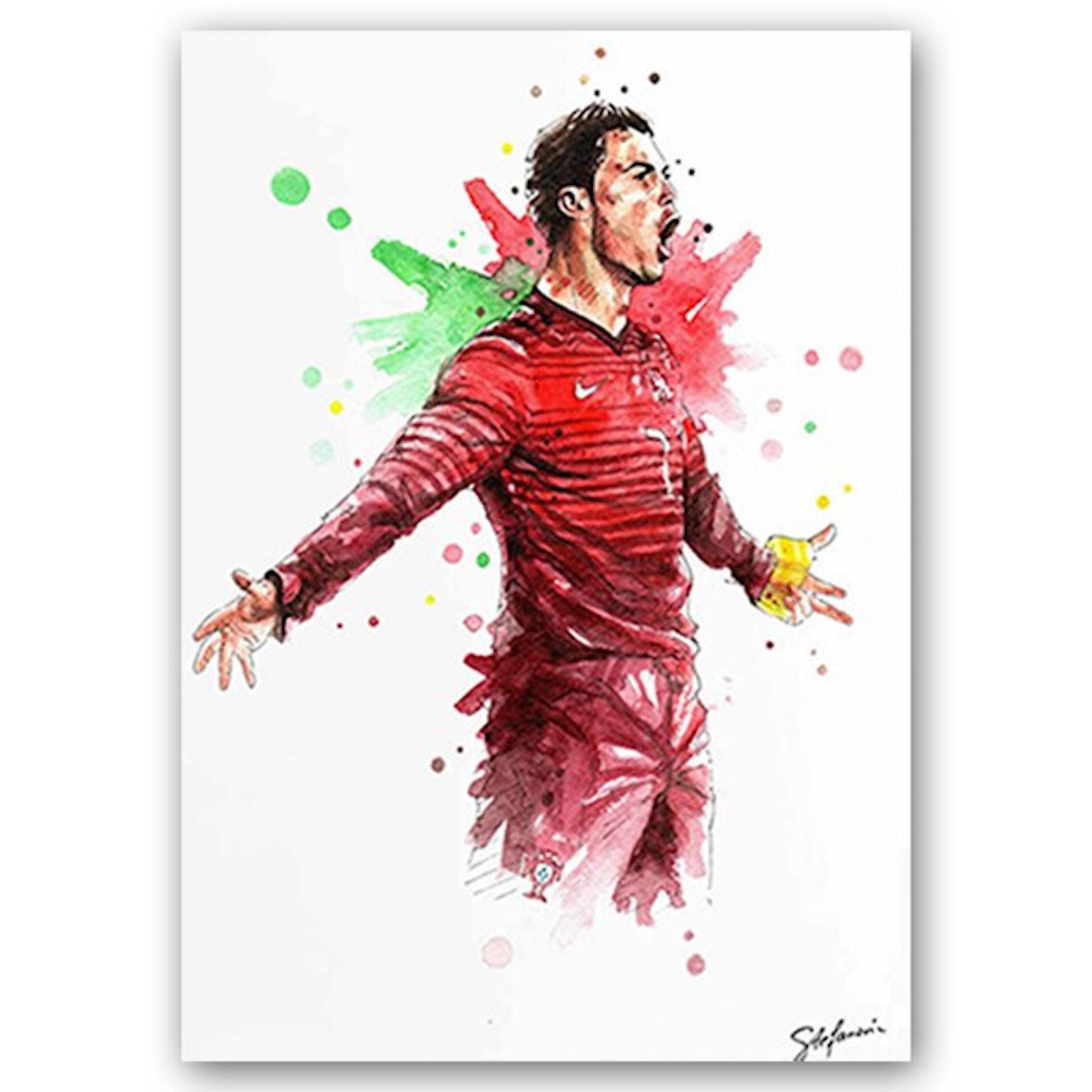 Farblich lebendiges Deko Print von Cristiano Ronaldo, der energetisch beim Jubel in der Nationalmannschaft agiert. Perfekt um Wände lebendig zu gestalten. Poster Fußballspieler Tor Jubel Lionel Messi und Christiano Ronaldo als Deko Print ohne Rahmen von justgoodmood.
