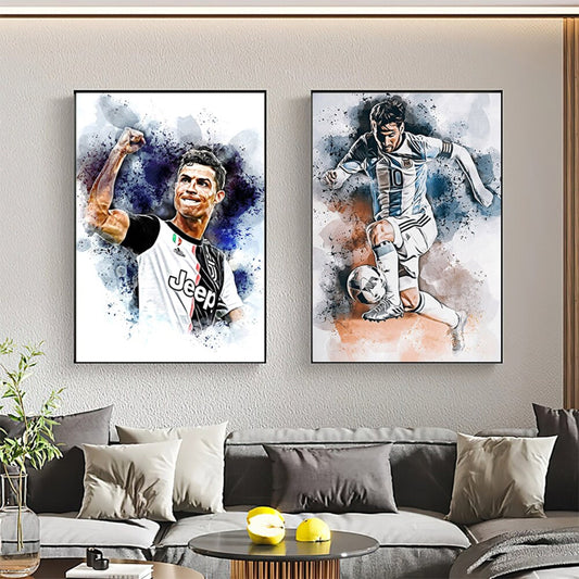 Poster soccer player goal jubilation Lionel Messi and Christiano Ronaldo as a decorative print without a frame