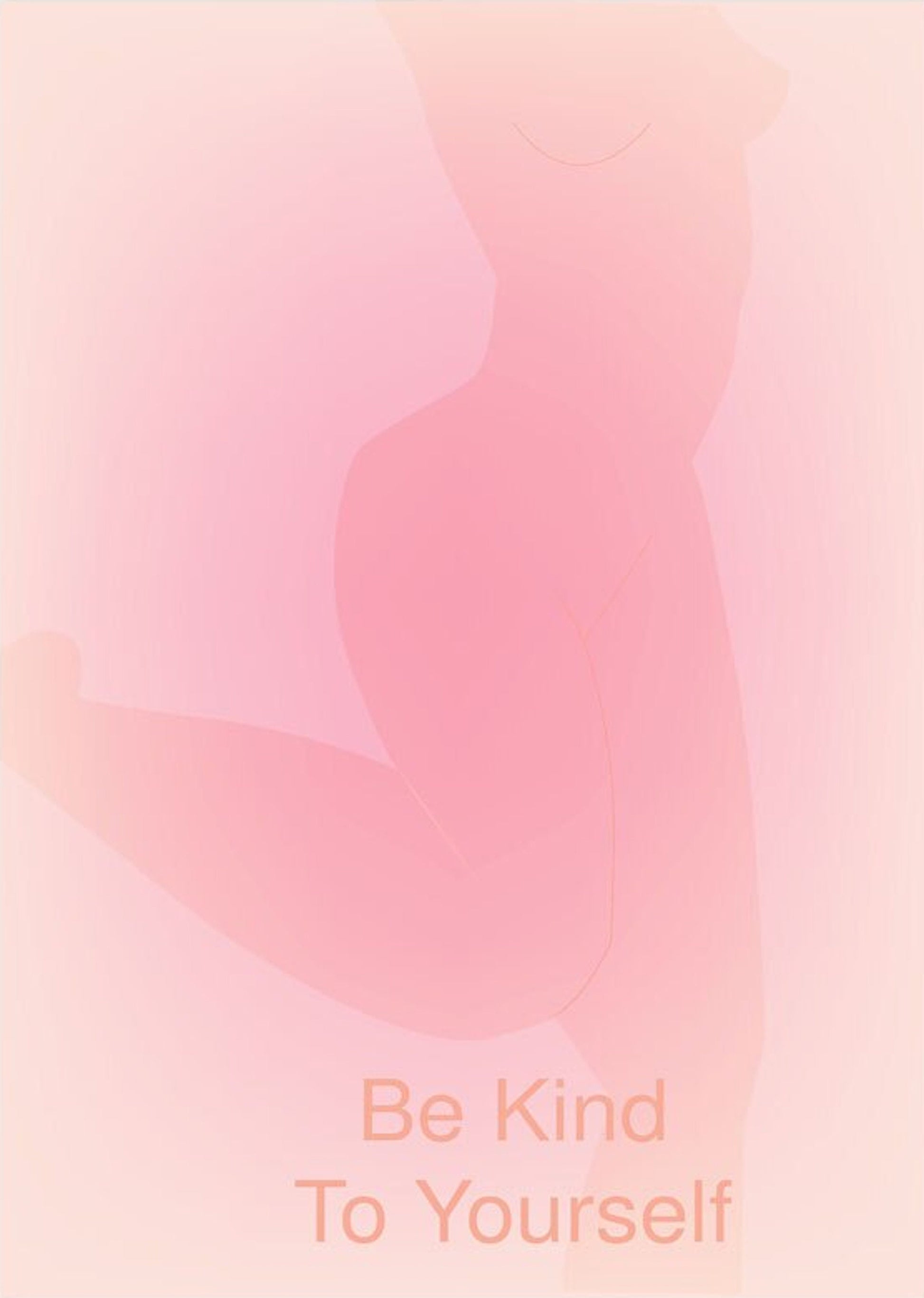 Inspirierendes Poster 'Be Kind To Yourself' von justgoodmood, welches sanfte Rosa-Töne und eine positive Botschaft präsentiert.