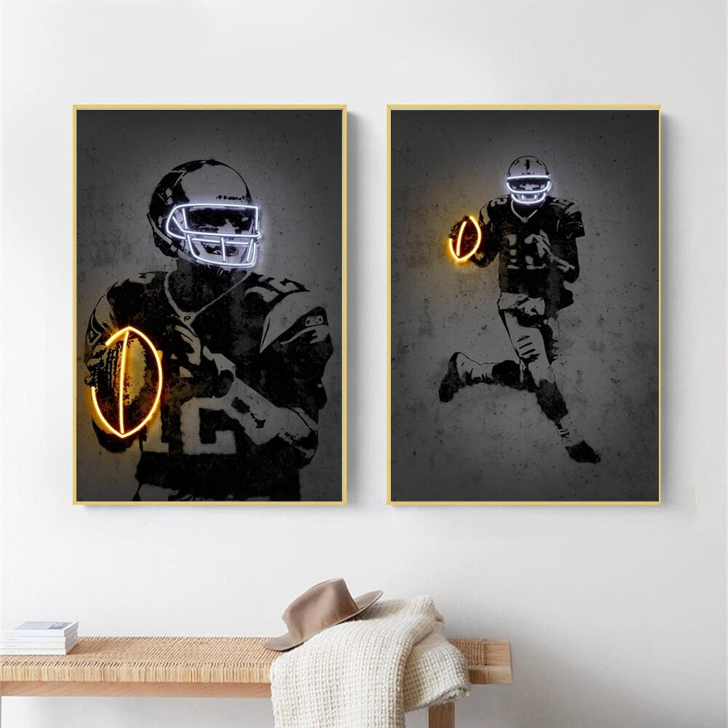 Poster football player with neon glowing ball and helmet as a decorative print without a frame