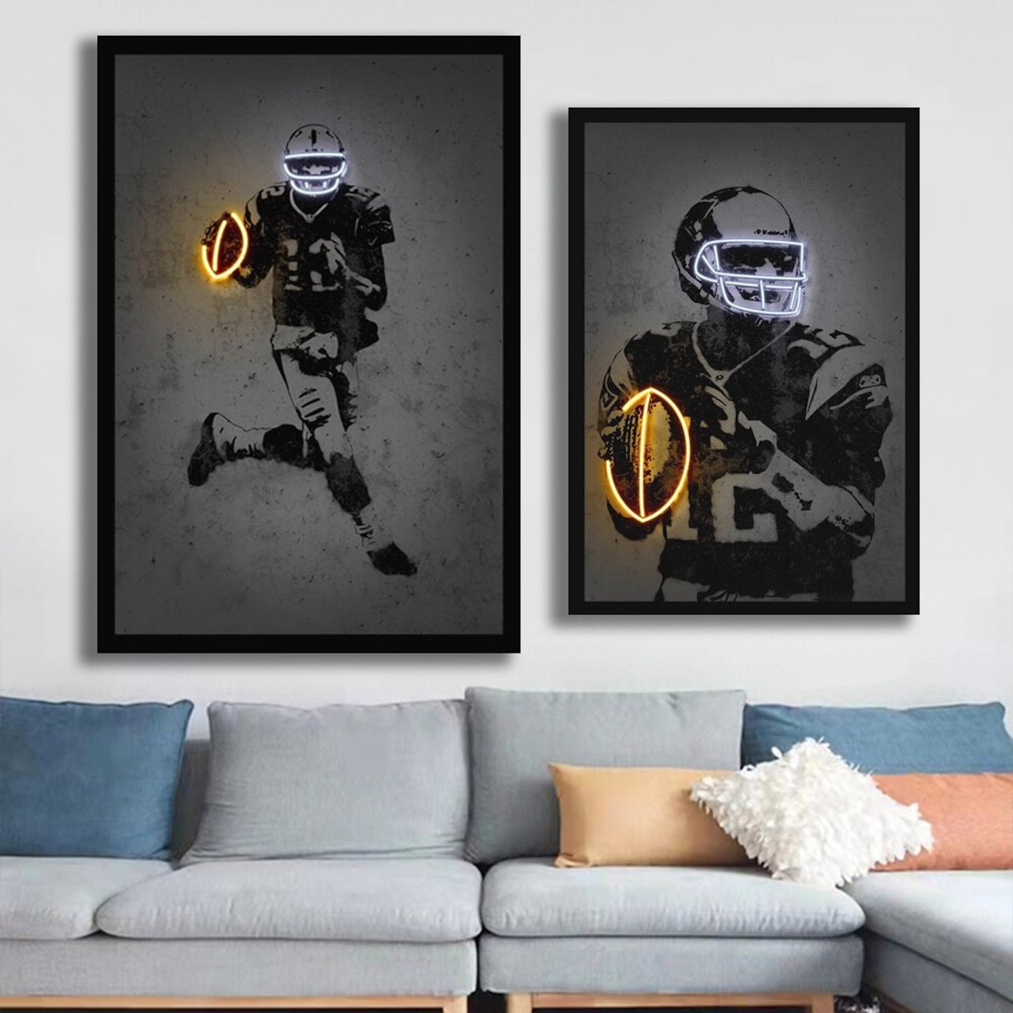 Poster football player with neon glowing ball and helmet as a decorative print without a frame