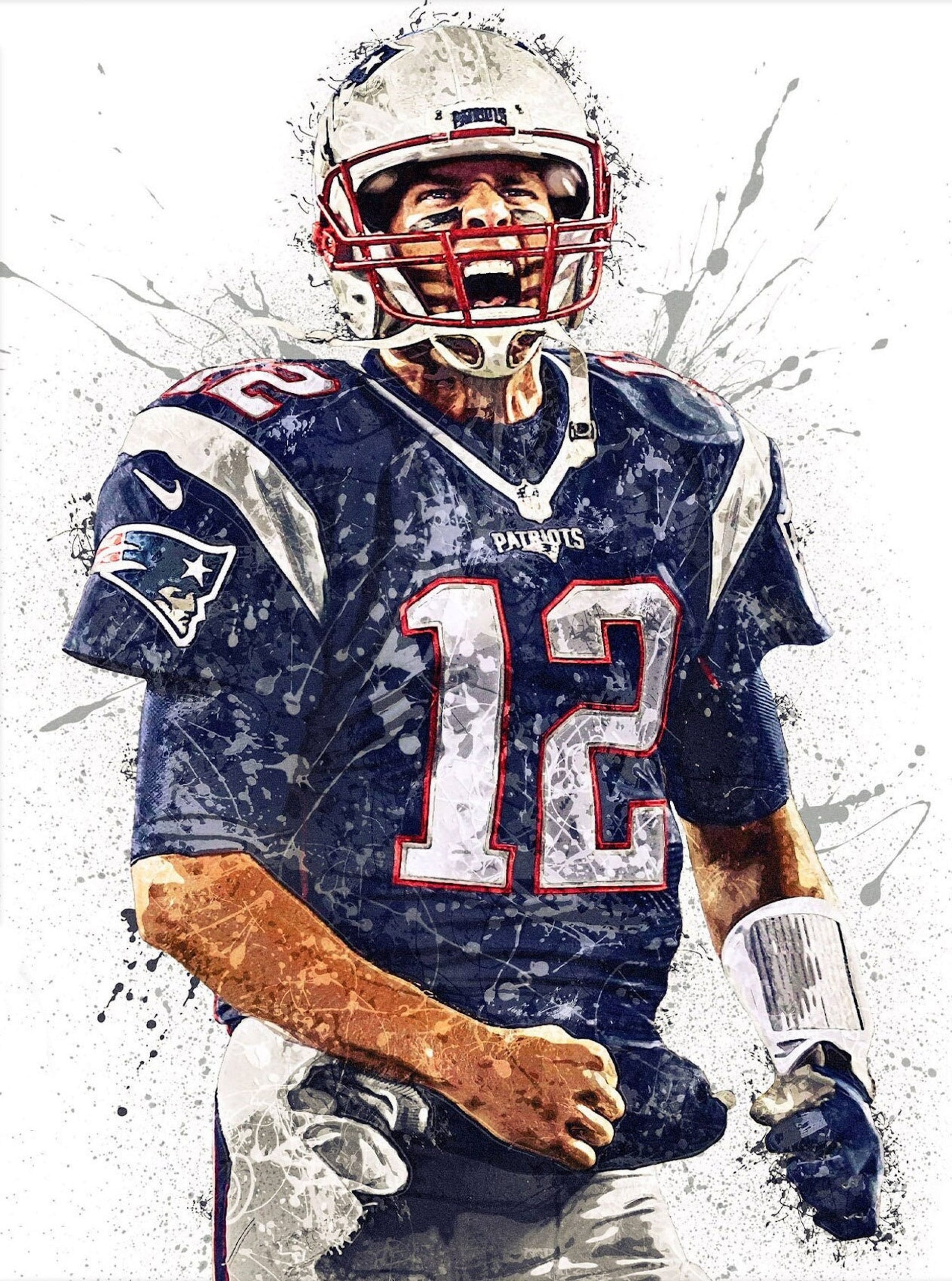 Inspirierendes Poster von Tom Brady in seinem New England Patriots Trikot, der für einen Touchdown jubelt. Ideal für jeden Fan! - justgoodmood, Poster Football Spieler Tom Brady Superstar mit Champion Ringen als Deko Print ohne Rahmen