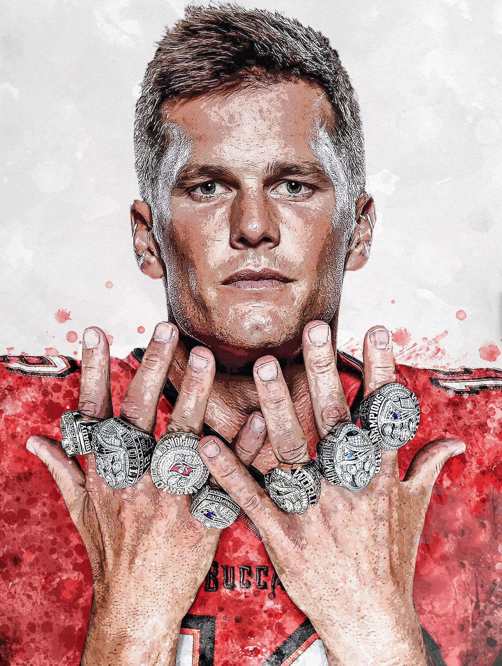 Hochwertiges Poster von Football Superstar Tom Brady mit Champion-Ringen, ideal für jede Sportzimmerdekoration von justgoodmood.