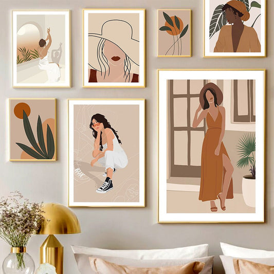 Poster boho woman and leaves as a decorative print without a frame