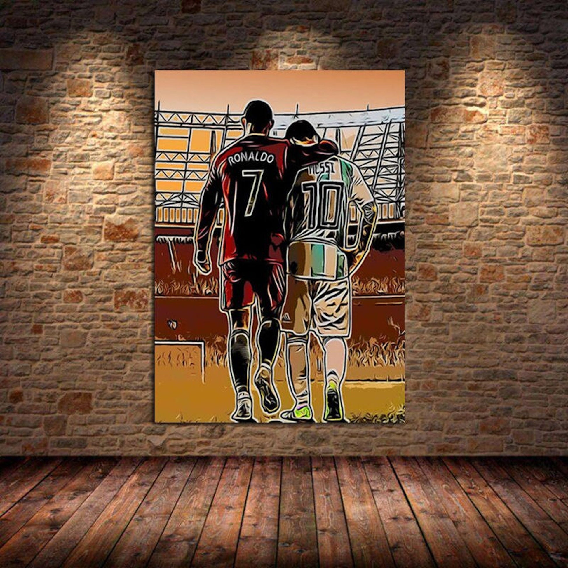 Ausdrucksstarkes Bild von Cristiano Ronaldo und Lionel Messi, die eng miteinander verbunden sind, im Hintergrund eines Stadions. Ein ergreifender Deko Print ohne Rahmen von justgoodmood.
