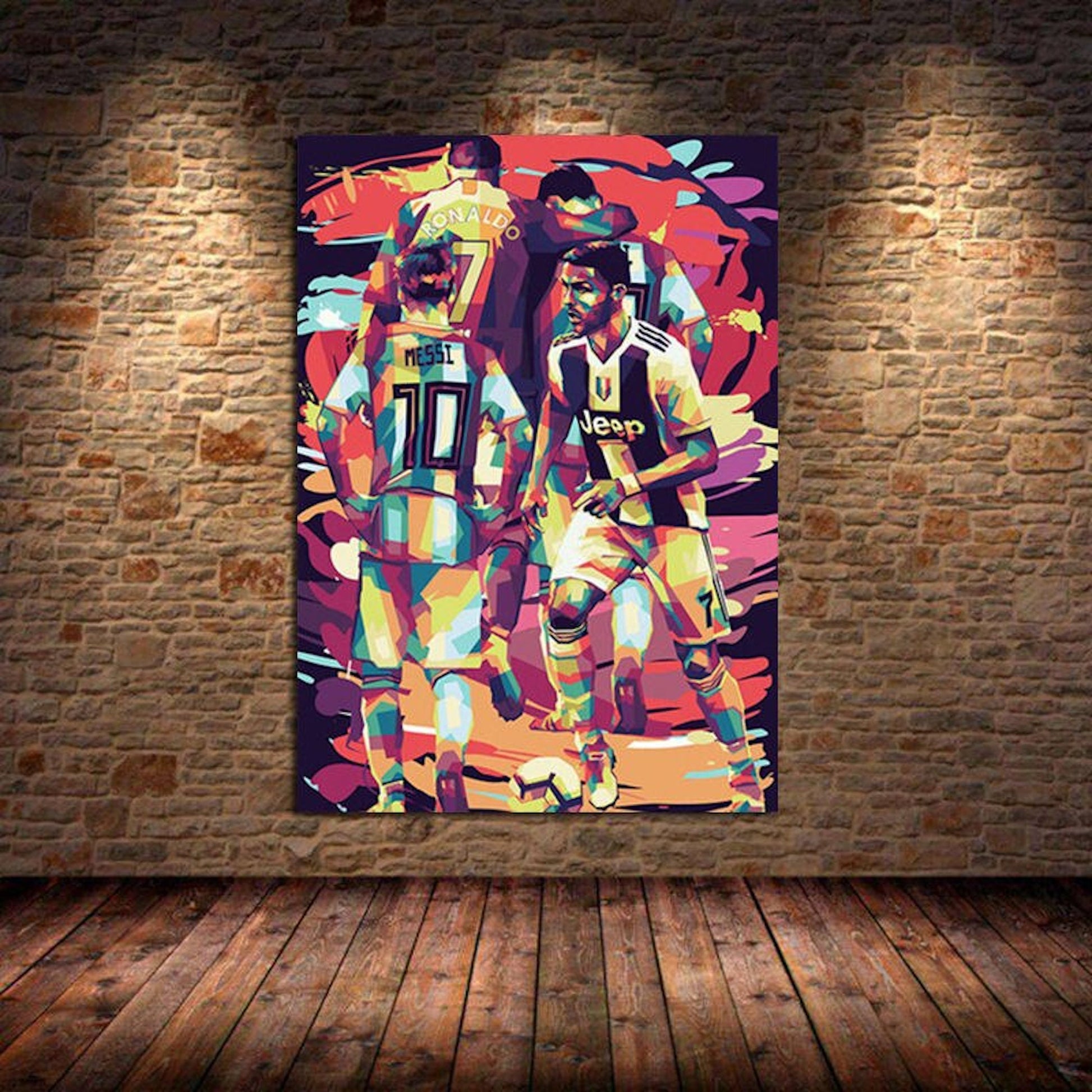 Kunstvolles Poster von Cristiano Ronaldo und Lionel Messi in lebendigen Farben, das die beiden Fußball-Ikonen zusammen präsentiert. Ein aufregender Deko Print ohne Rahmen von justgoodmood.