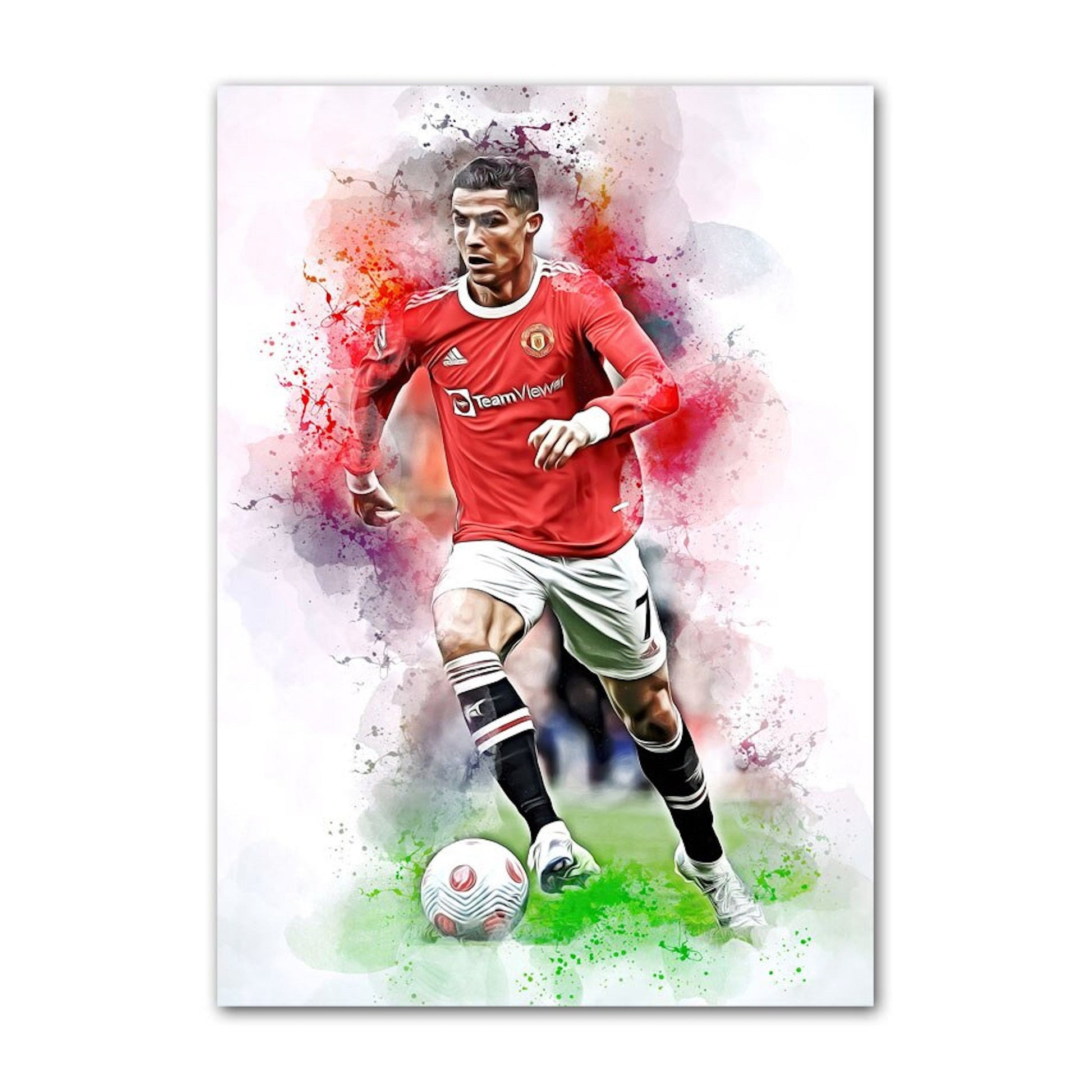Faszinierendes Poster von Cristiano Ronaldo, der dynamisch mit dem Ball läuft. Perfekte Dekoration für jeden Fußballfan, erhältlich bei justgoodmood.