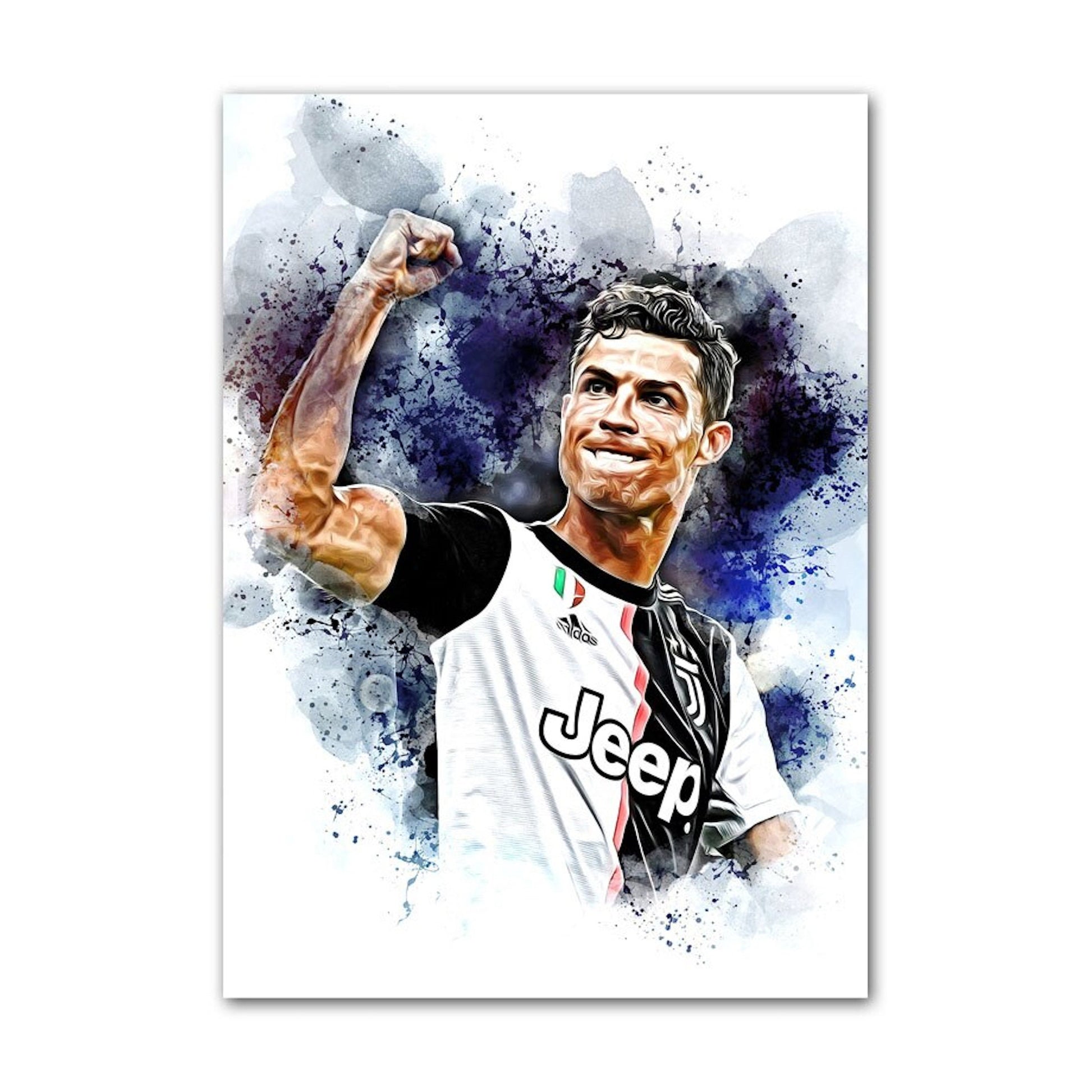 Inspirierendes Poster von Cristiano Ronaldo, der stolz seinen Torjubel zelebriert, ideal für Sportliebhaber und als Wandelement von justgoodmood - Poster Fußballspieler Lionel Messi & Christiano Ronaldo Tor Jubel als Deko Print ohne Rahmen.