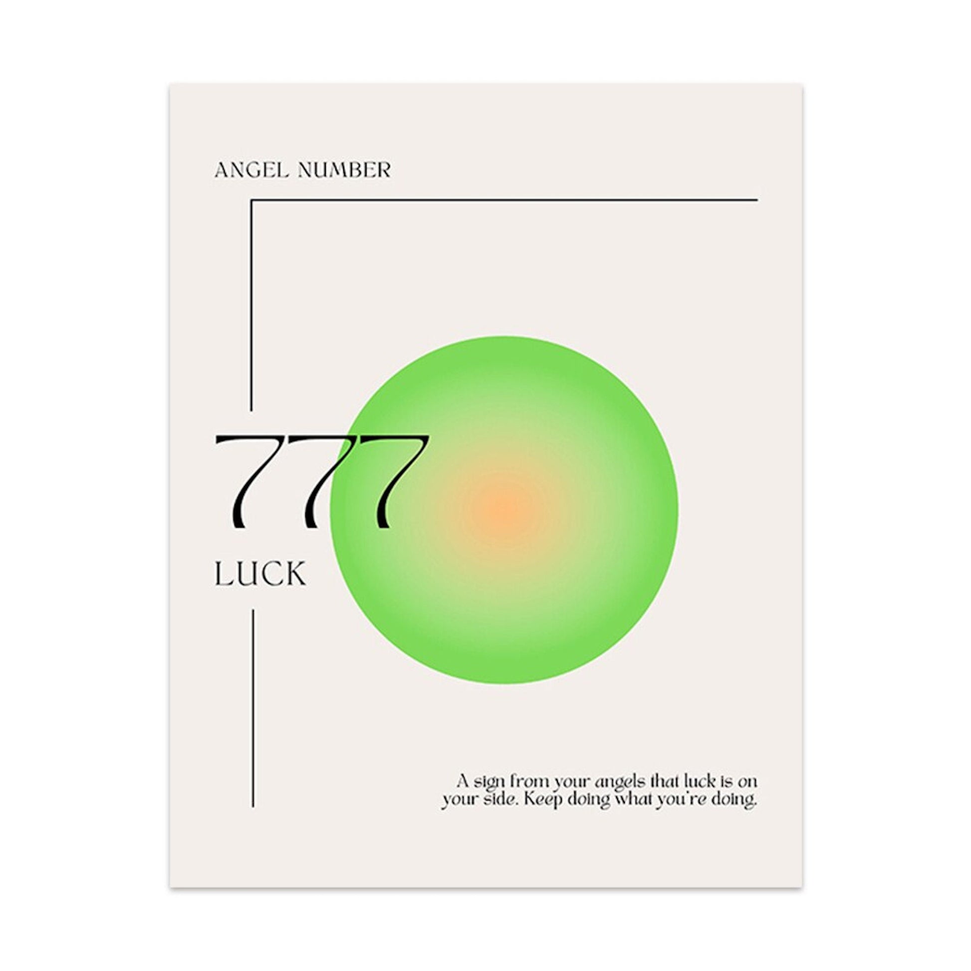 Poster von justgoodmood mit der Engelszahl 777. Das Design umfasst die Zahl umgeben von einem grünen Circle und dem Wort 'LUCK'. Ideal zur Verschönerung und für positive Energie in jedem Raum.