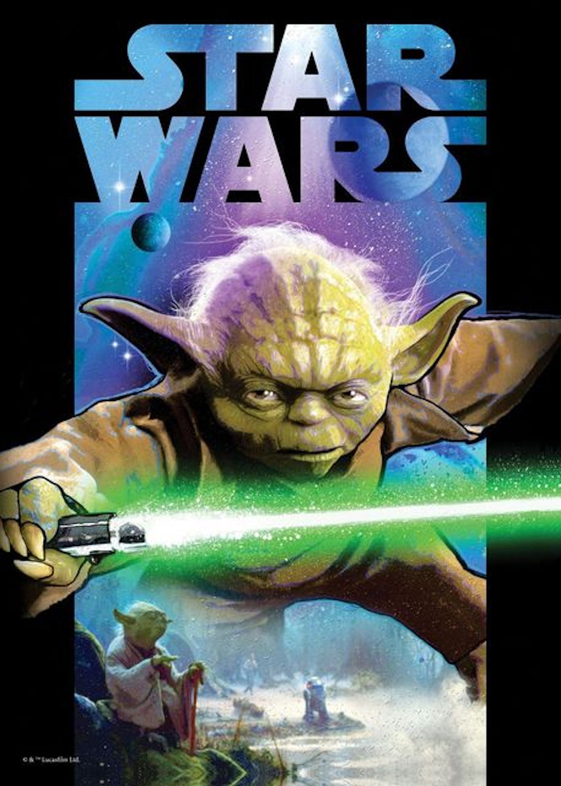 Deko Poster von Yoda mit Lichtschwert aus der Star Wars Saga, ideal als Kunstwerk ohne Rahmen von justgoodmood.