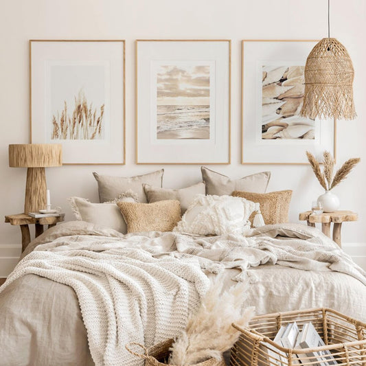 Poster sunrise on the beach shells and pampas grass as a decorative print without a frame