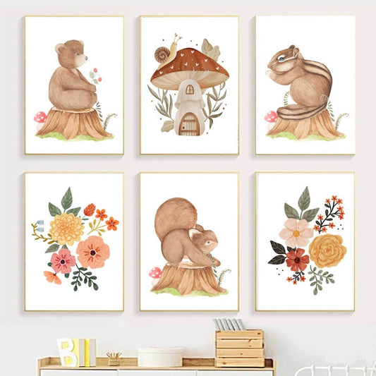 Poster Kinder süße Tiere im Boho Stil Bär Eichhörnchen Schnecke Pilzhaus und Blumen als Deko Print ohne Rahmen