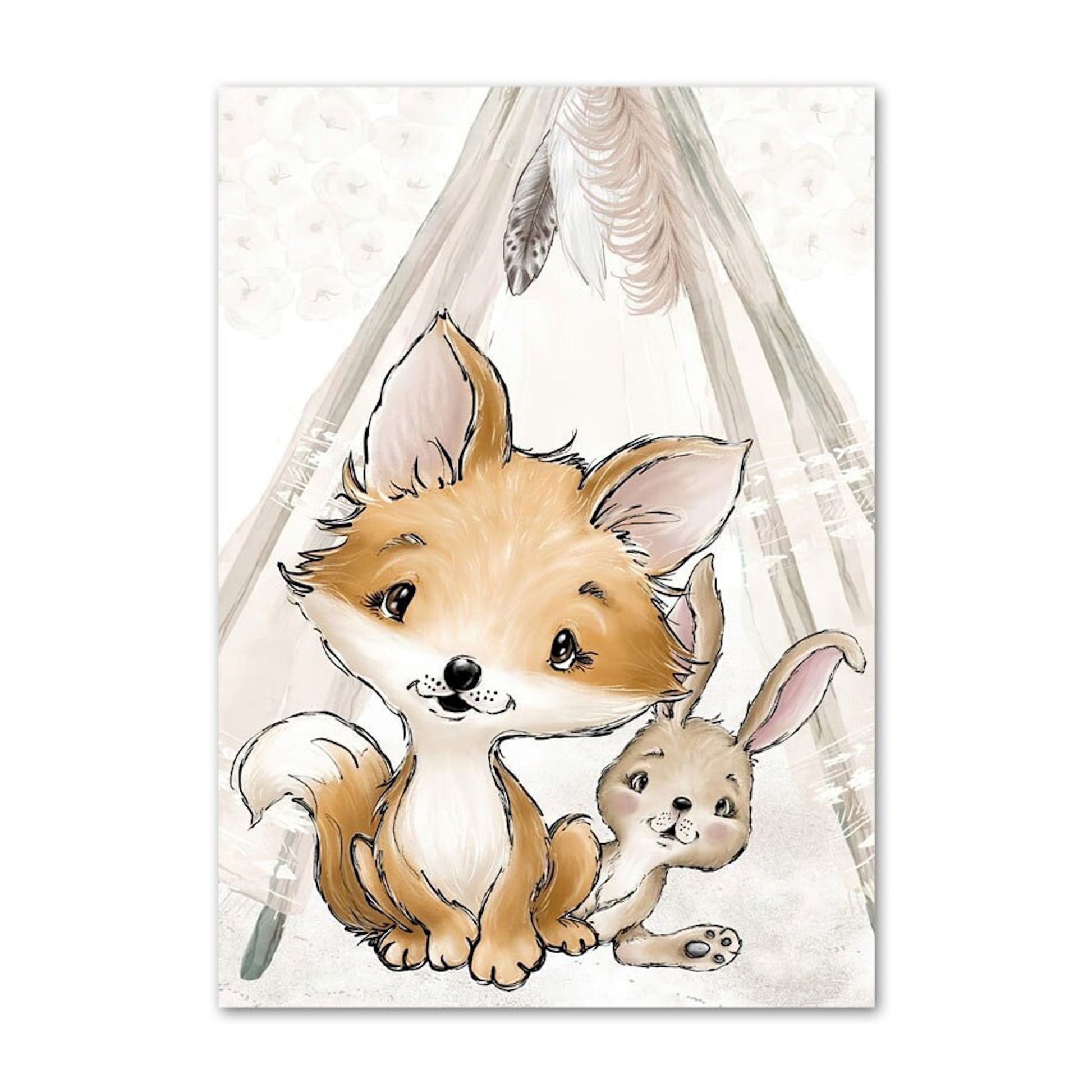 Hübsches Kinderzimmer Poster mit einem Fuchs und einem Hasen, das eine fröhliche Atmosphäre schafft, präsentiert von justgoodmood und dem Spruch "Sei Frech, Wild und Wunderbar".