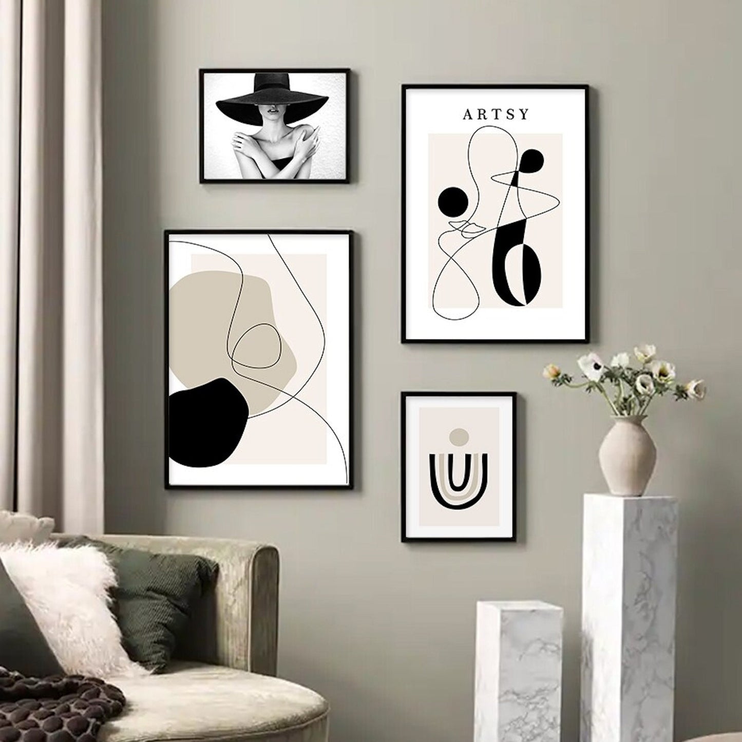 Poster boho model with hat and abstract shapes as a decorative print without a frame