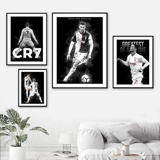 Poster football Christiano Ronaldo in black and white colors as a decorative print without a frame