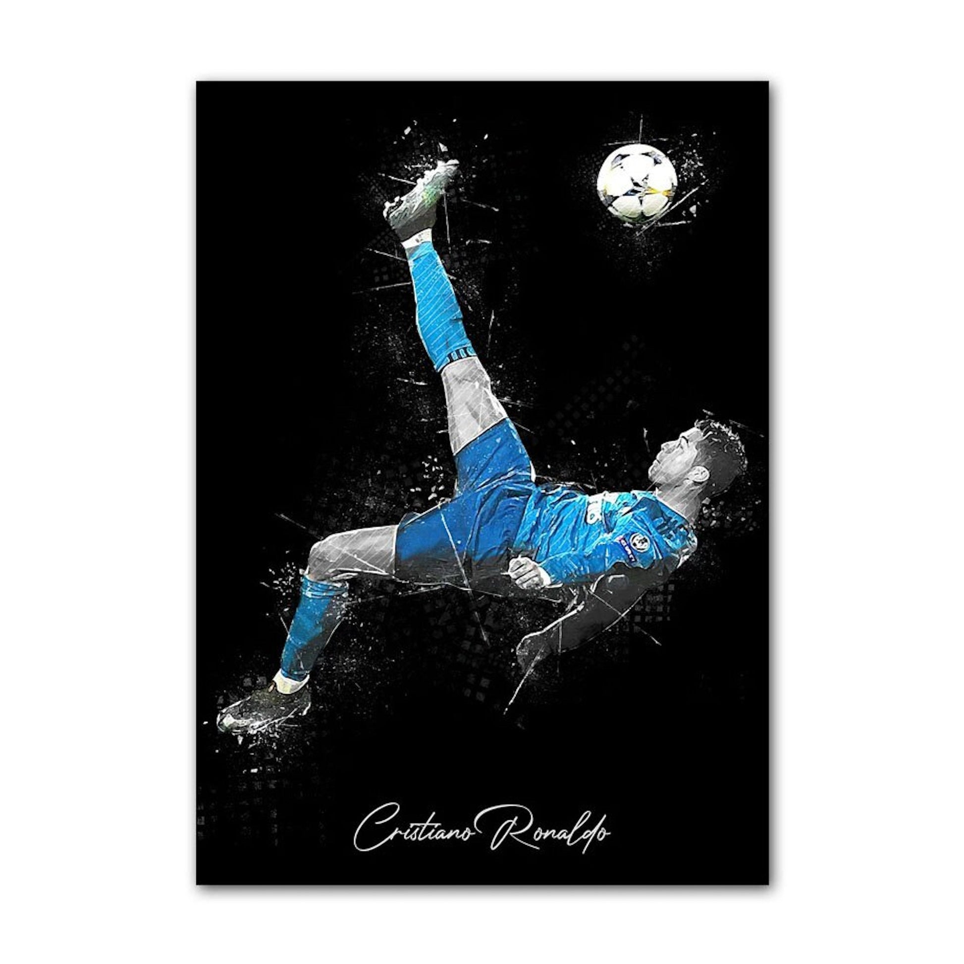 Poster Fußball Cristiano Ronaldo Jubel mit Pokal als Deko Print ohne Rahmen von justgoodmood zeigt Cristiano Ronaldo in Aktion, wie er einen Ball spektakulär trifft, ideal für jede Sportdekoration.