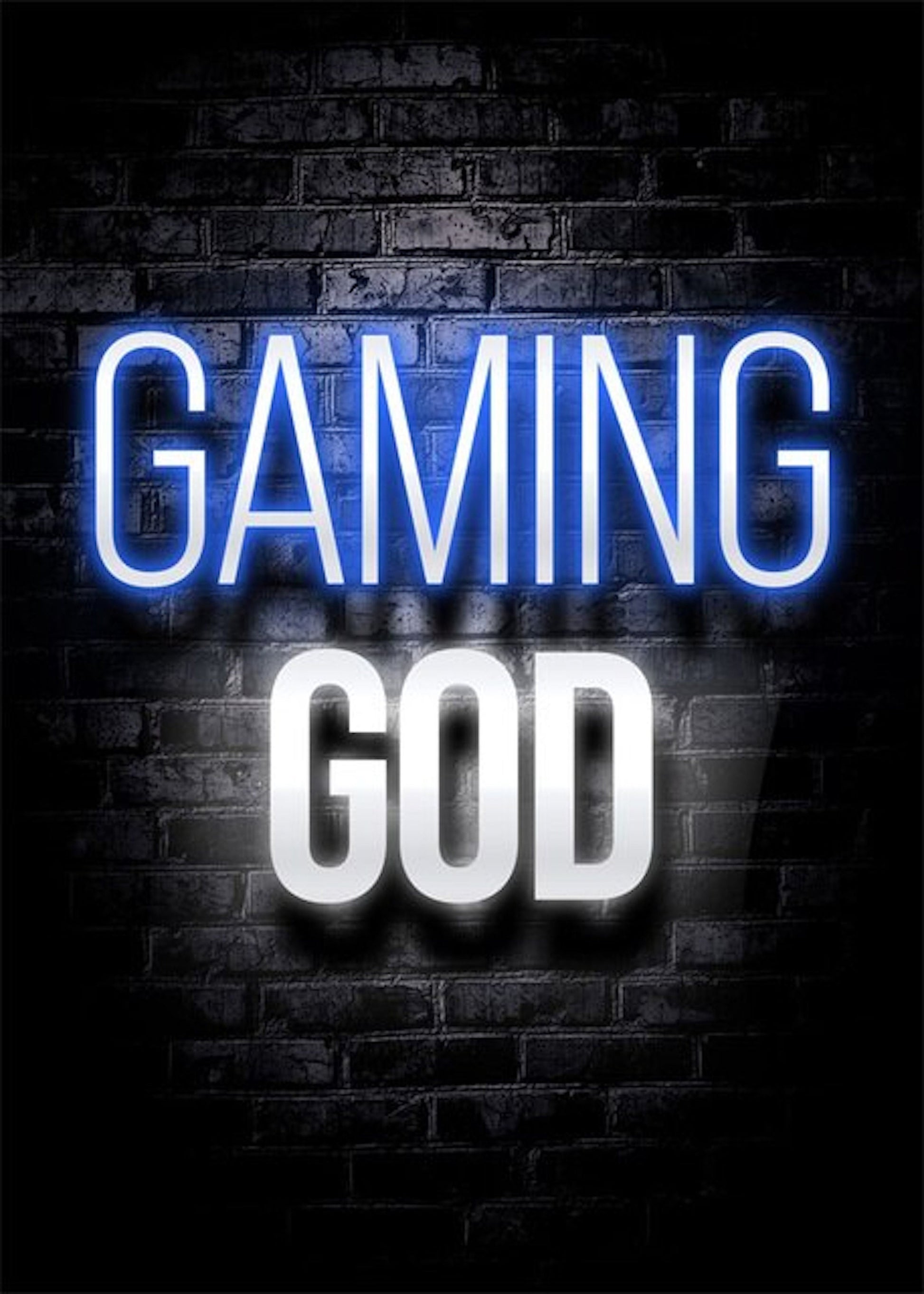 Kreatives Poster mit dem Schriftzug 'GAMING GOD' in Neonfarben, erhältlich bei justgoodmood für Ihre coolen Gaming-Wände.