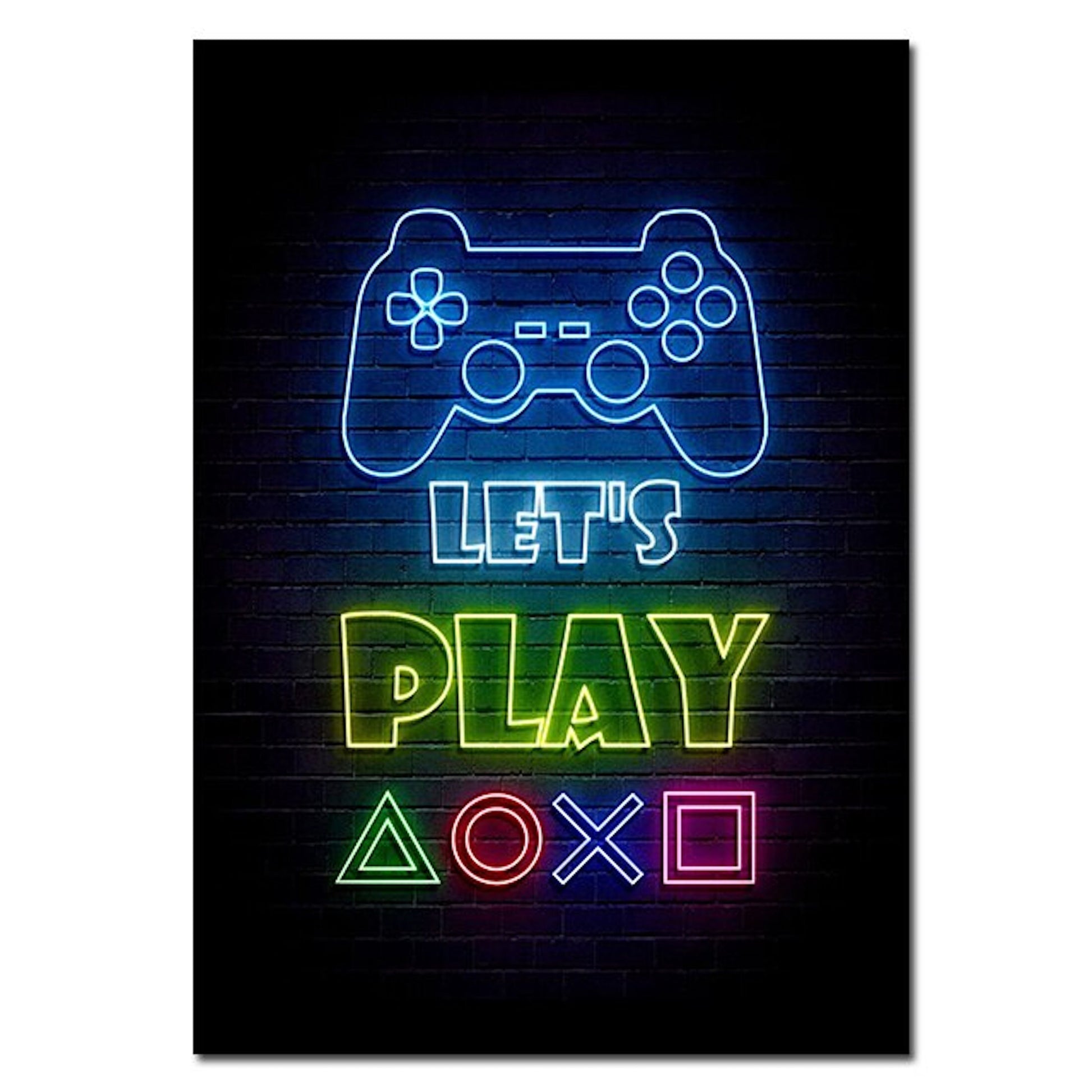 Einladung zum Spielen! Buntes Poster mit dem Spruch 'Let's Play' und PlayStation-Symbolen, ein fröhlicher Deko Print von justgoodmood für Gamer.