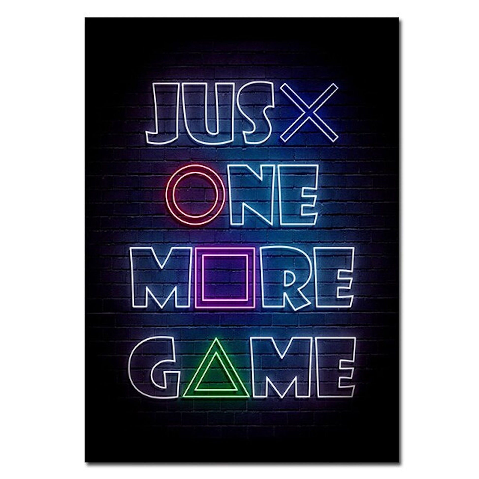 Buntes Neon-Poster mit dem Spruch 'JUST ONE MORE GAME', perfekt für Gamer-Räume, angeboten von justgoodmood. Poster Gamer PC & Playstation in Neon Farben und coole Sprüche für Gamer als Deko Print ohne Rahmen.