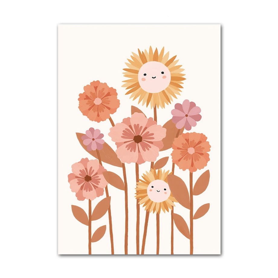 Buntes Blumen-Poster mit lächelnden, fröhlichen Blumen für das Kinderzimmer. Ein bezauberndes Design von justgoodmood, perfekt für eine inspirierende und kreative Raumgestaltung.