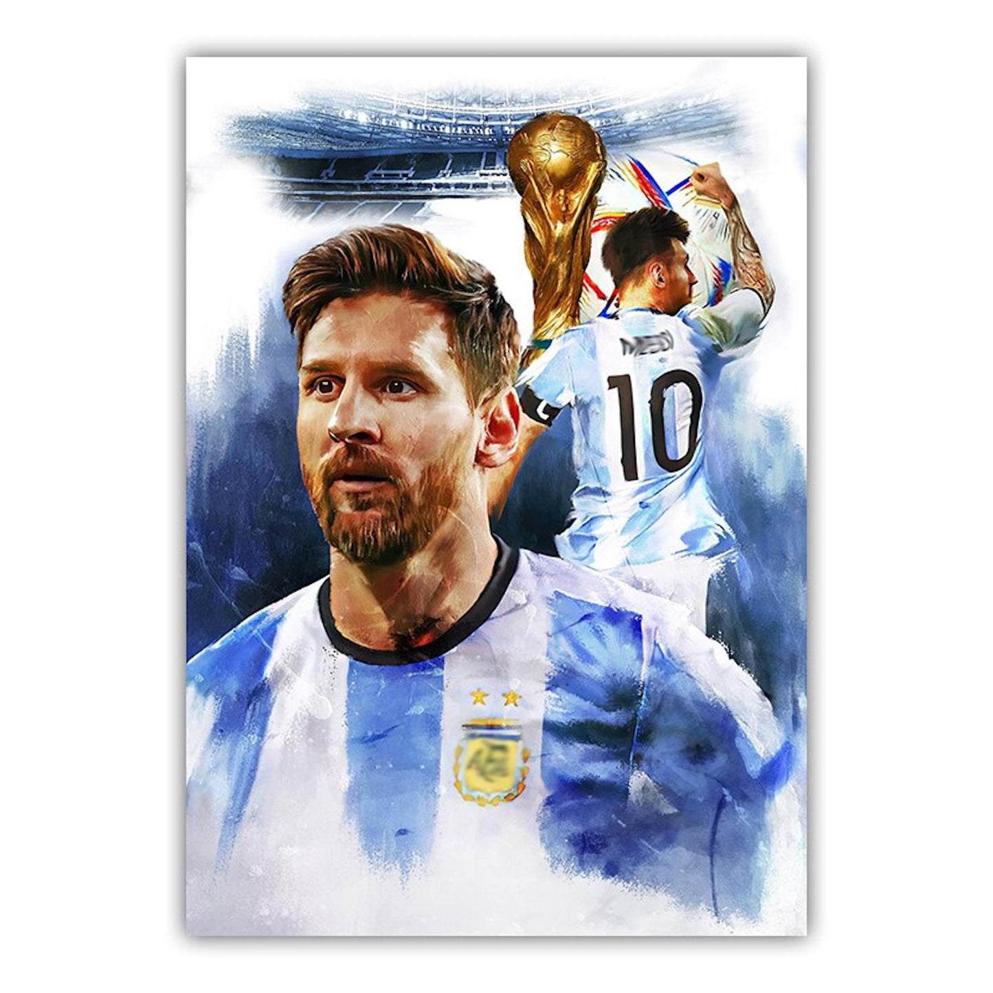 Poster Fußball Messi mit Sieger Pokal Weltmeisterschaft 2022 in Qatar mit Argentinien als Deko Print ohne Rahmen