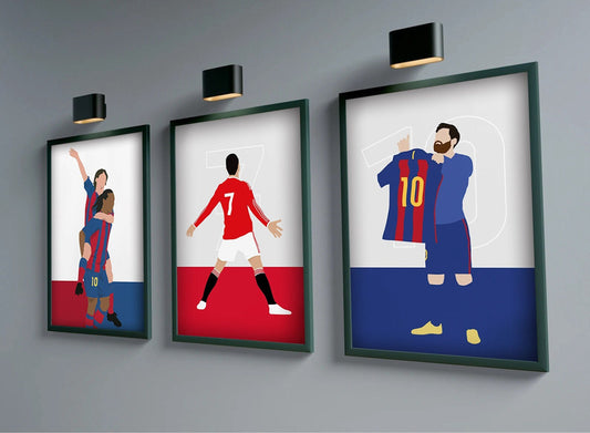 Stylisches Poster von justgoodmood mit Fußballlegenden von Messi, Ronaldo, Maradona, Rooney und Benzema ohne Gesicht als Deko-Print ohne Rahmen, perfekt für jeden Fußballfan.