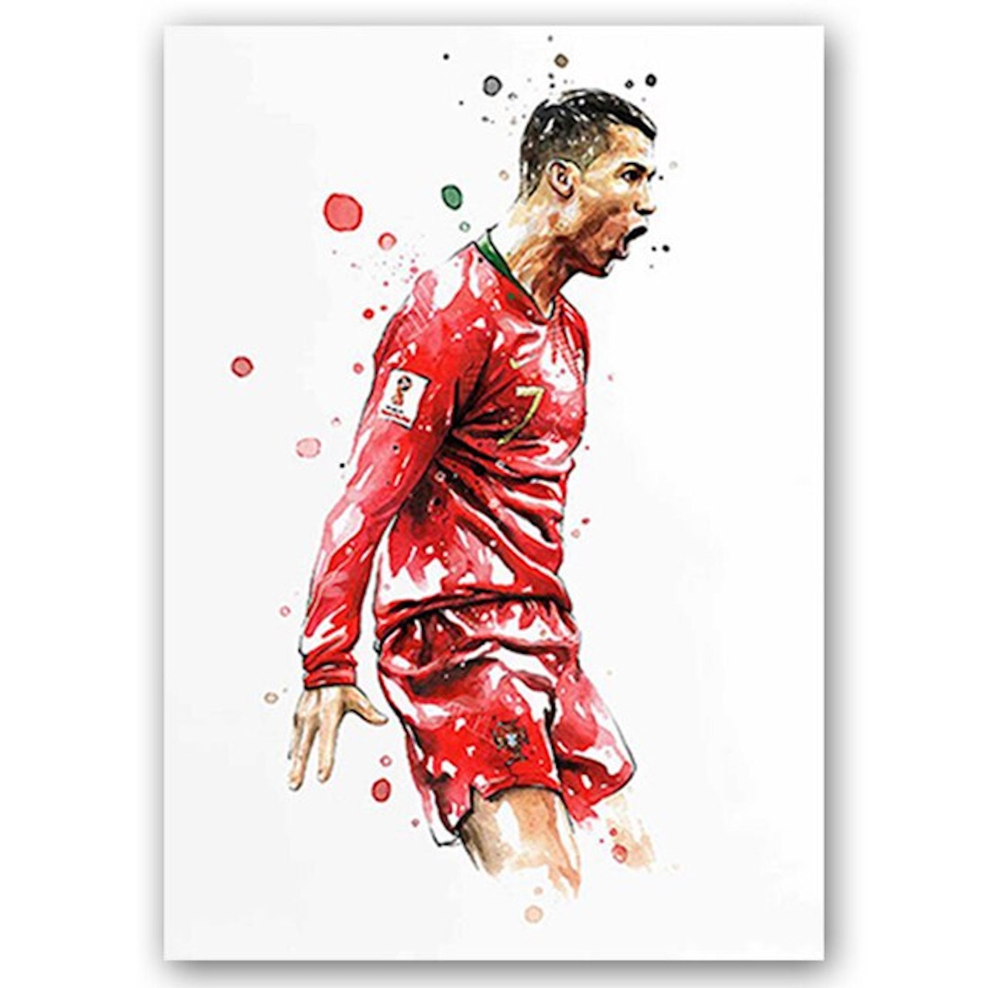 Beeindruckendes Poster von Cristiano Ronaldo in Portugal-Trikot beim Torjubel. Ein Muss für jeden Fan. Poster Fußballspieler Tor Jubel Lionel Messi und Christiano Ronaldo als Deko Print ohne Rahmen von justgoodmood.