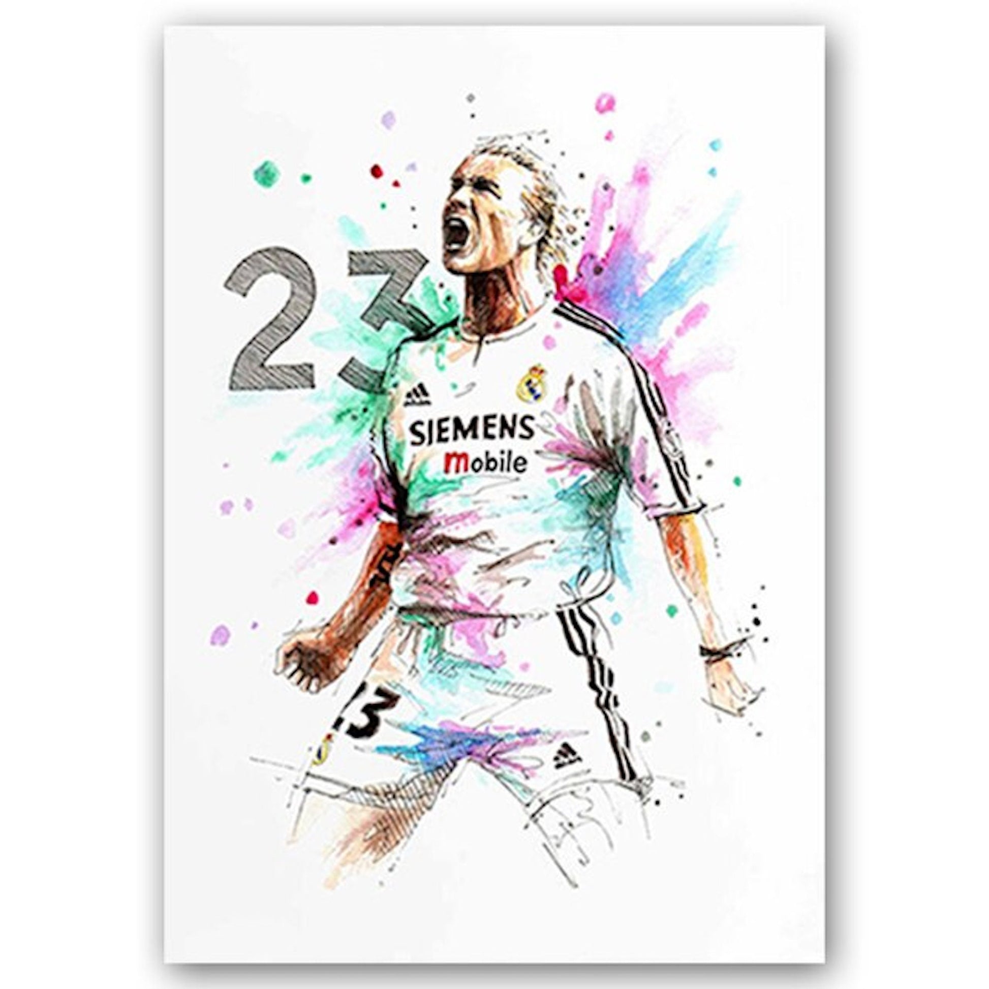 Künstlerisch gestaltetes Poster eines jubelnden Fußballspielers im weißen Trikot von Real Madrid, umgeben von farbenfrohen Spritzern. Perfekte Wanddekoration für Fußballliebhaber von justgoodmood. Poster Fußballspieler Tor Jubel Lionel Messi und Christiano Ronaldo als Deko Print ohne Rahmen.