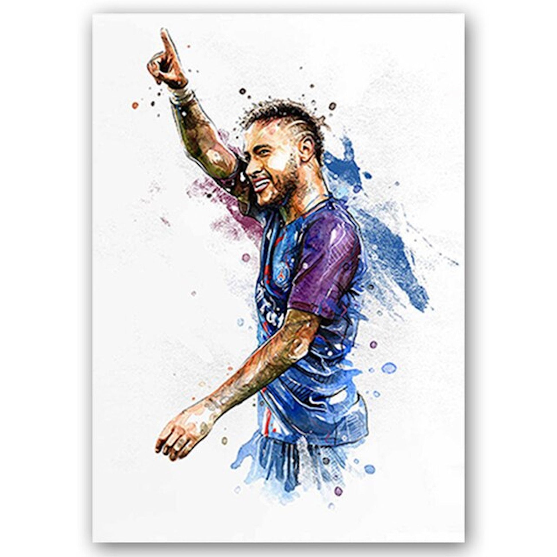 Ausdrucksstarkes Poster eines lächelnden Fußballspielers im PSG-Trikot, der mit einem Finger nach oben zeigt. Ein ideales Deko-Element für Sportbegeisterte von justgoodmood. Poster Fußballspieler Tor Jubel Lionel Messi und Christiano Ronaldo als Deko Print ohne Rahmen.
