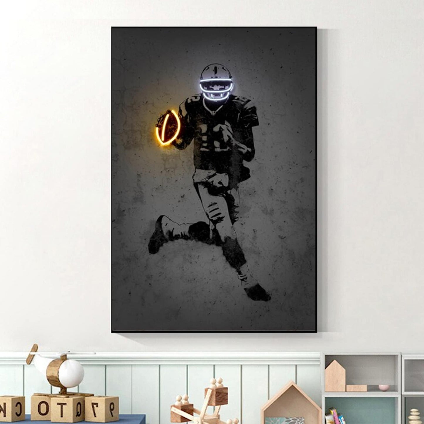 Poster football player with neon glowing ball and helmet as a decorative print without a frame