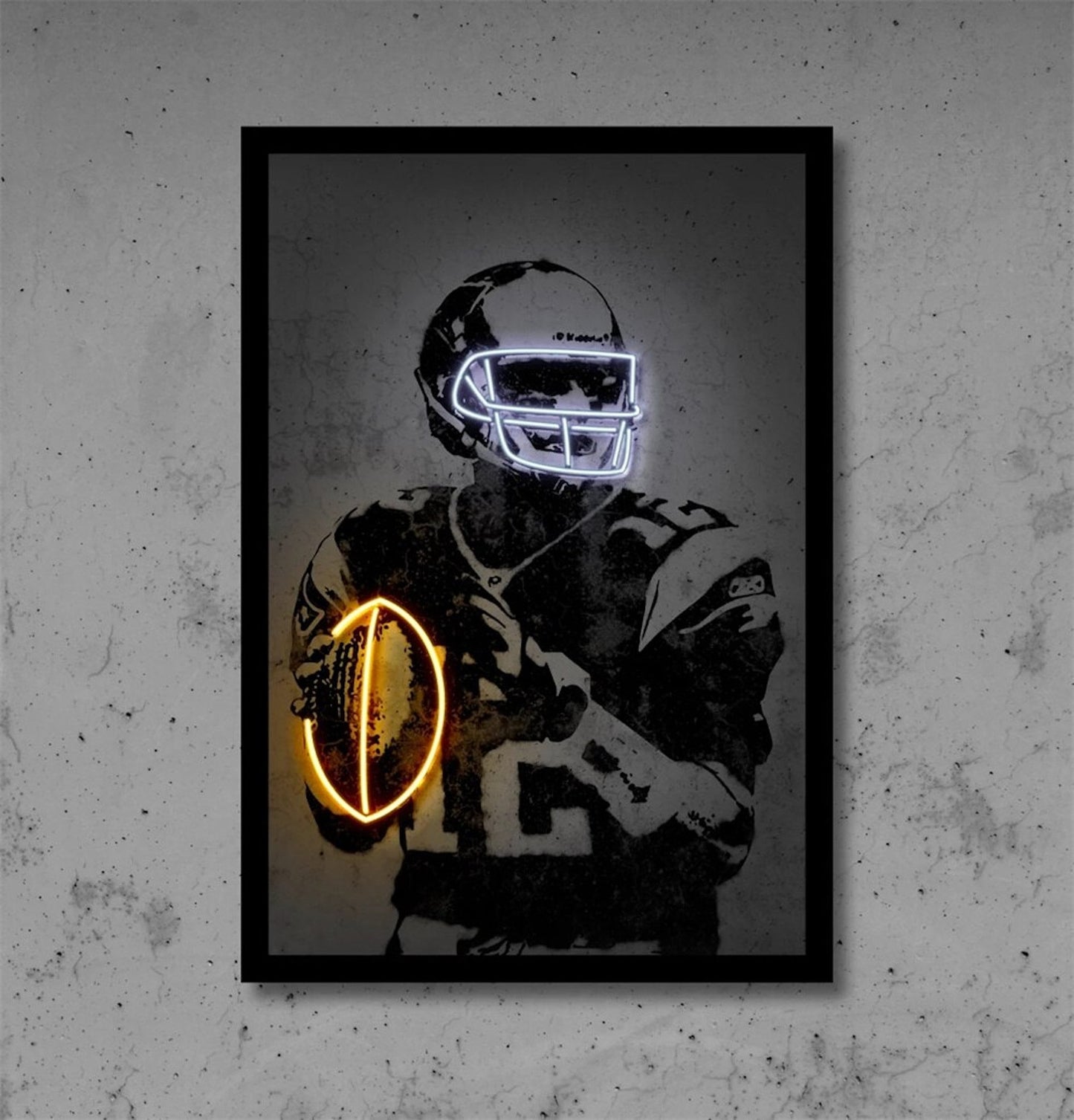 Poster football player with neon glowing ball and helmet as a decorative print without a frame