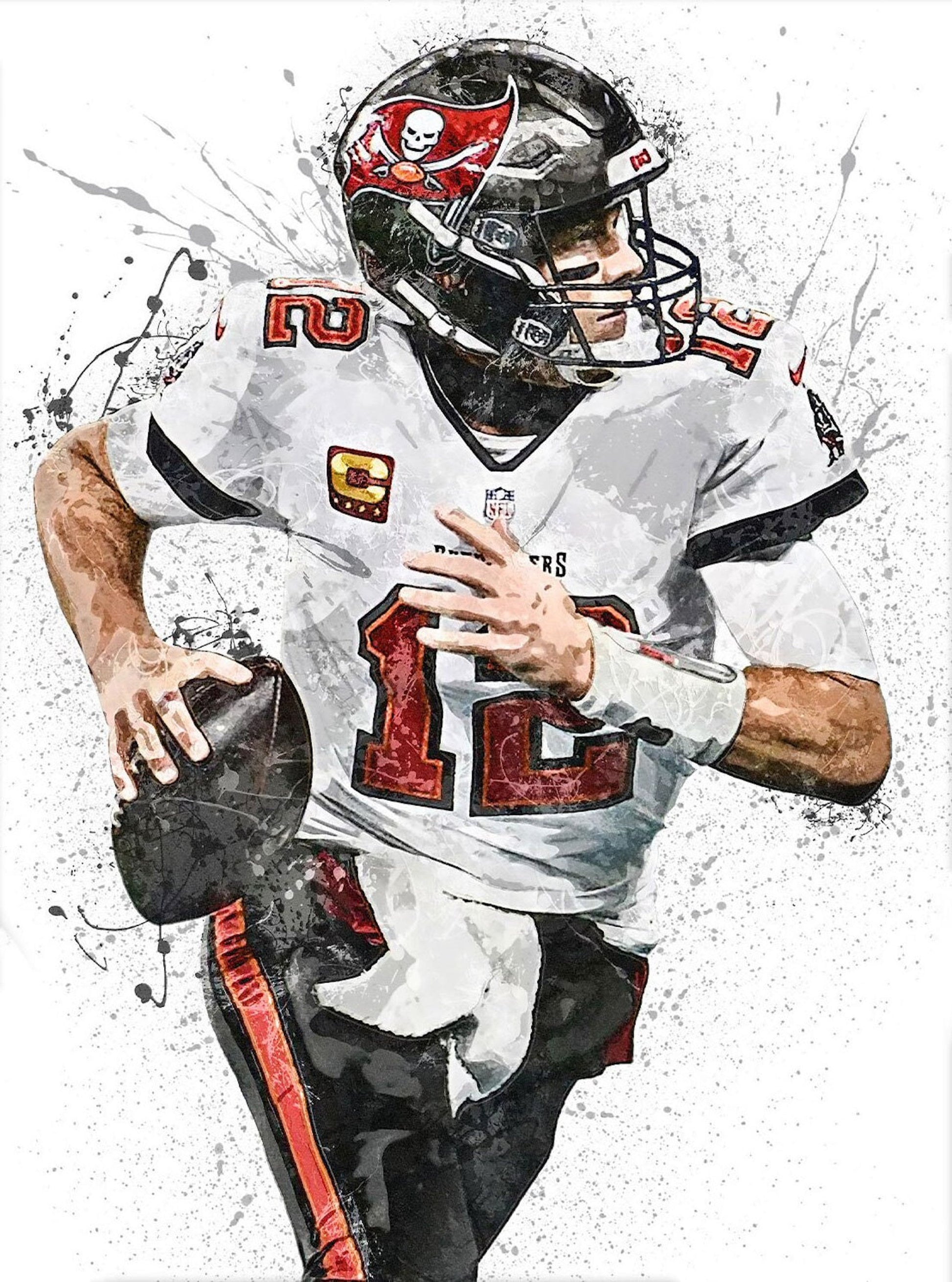 Dynamisches Poster von Football Superstar Tom Brady in Spielhaltung, perfekt als Wanddekoration für Sportliebhaber. - justgoodmood, Poster Football Spieler Tom Brady Superstar mit Champion Ringen als Deko Print ohne Rahmen
