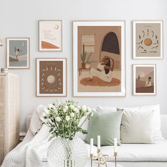 Poster manifestation and postures to the moon in boho style as a decorative print without a frame