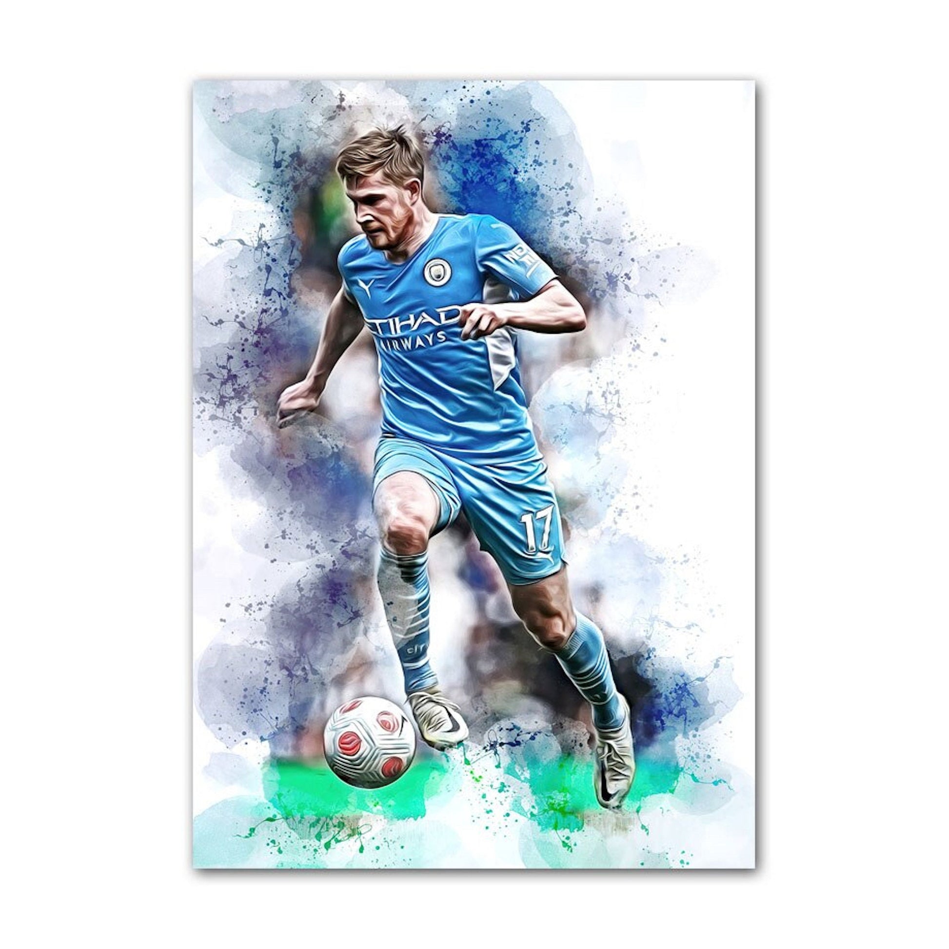 Kreatives Poster von Kevin De Bruyne in Aktion für Fußballfans, mit lebhaften Farben und dynamischem Design, verfügbar bei justgoodmood - Poster Fußballspieler Lionel Messi & Christiano Ronaldo Tor Jubel als Deko Print ohne Rahmen.