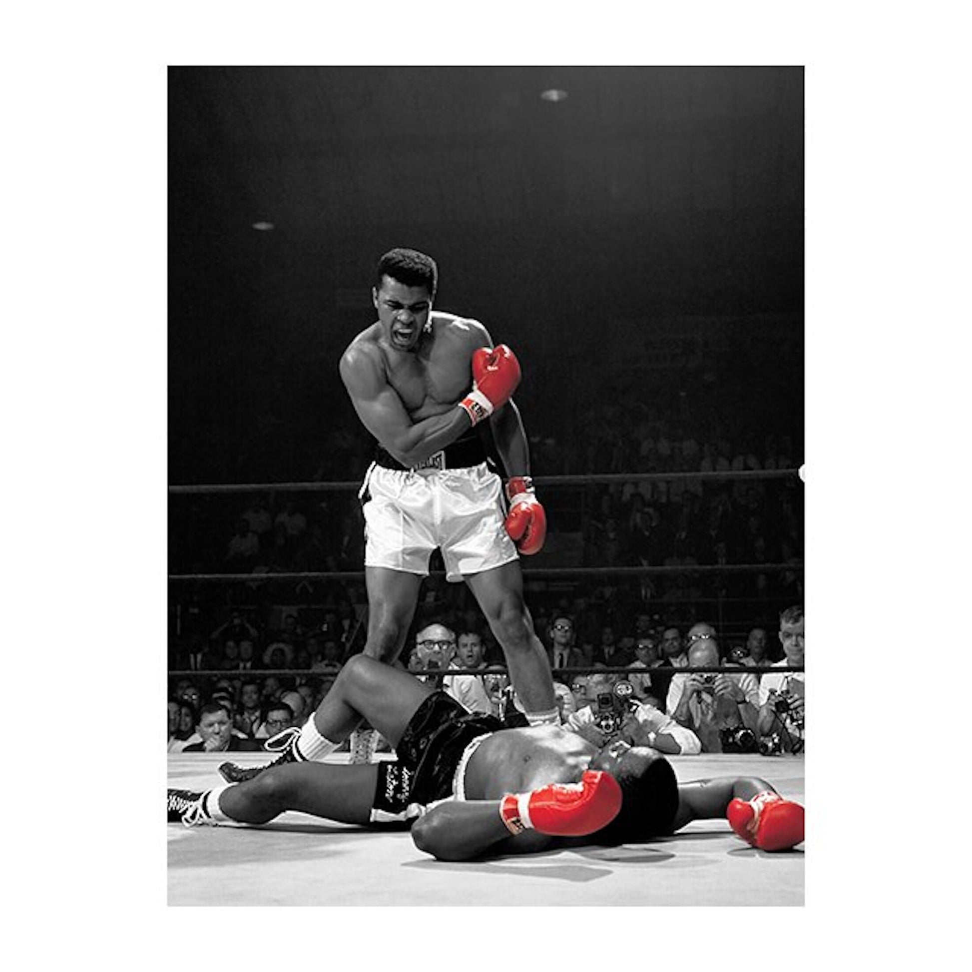 Schwarz-weiß Poster von Muhammad Ali, der triumphierend im Boxring steht, angeboten von justgoodmood, Größter aller Zeiten.