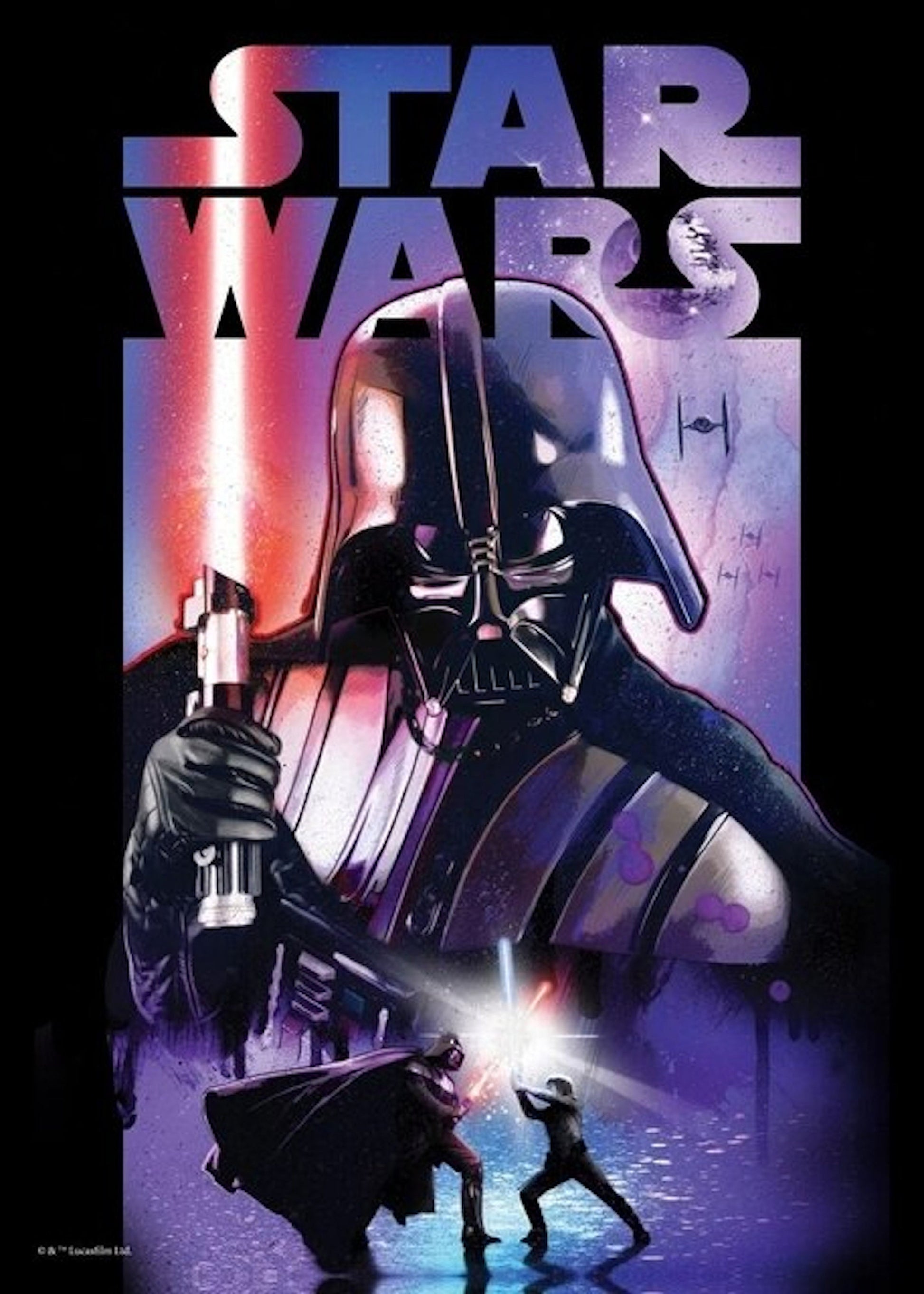 Bilderdruck von Darth Vader mit Lichtschwert und dramatischer Szenerie, perfekt als Deko Print ohne Rahmen von justgoodmood.